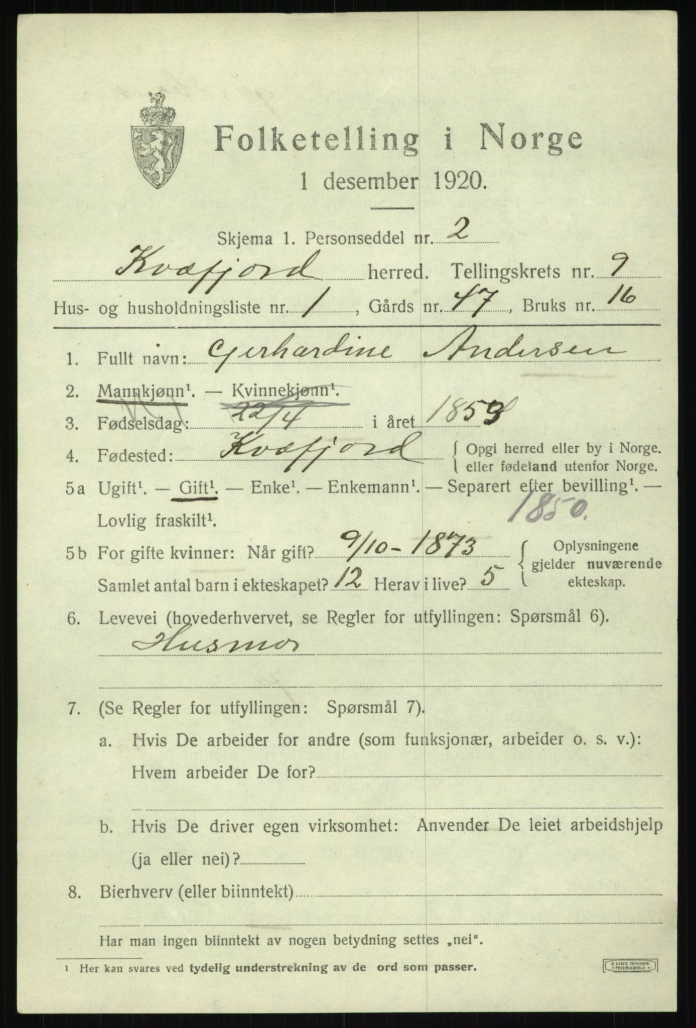 SATØ, 1920 census for Kvæfjord, 1920, p. 4187