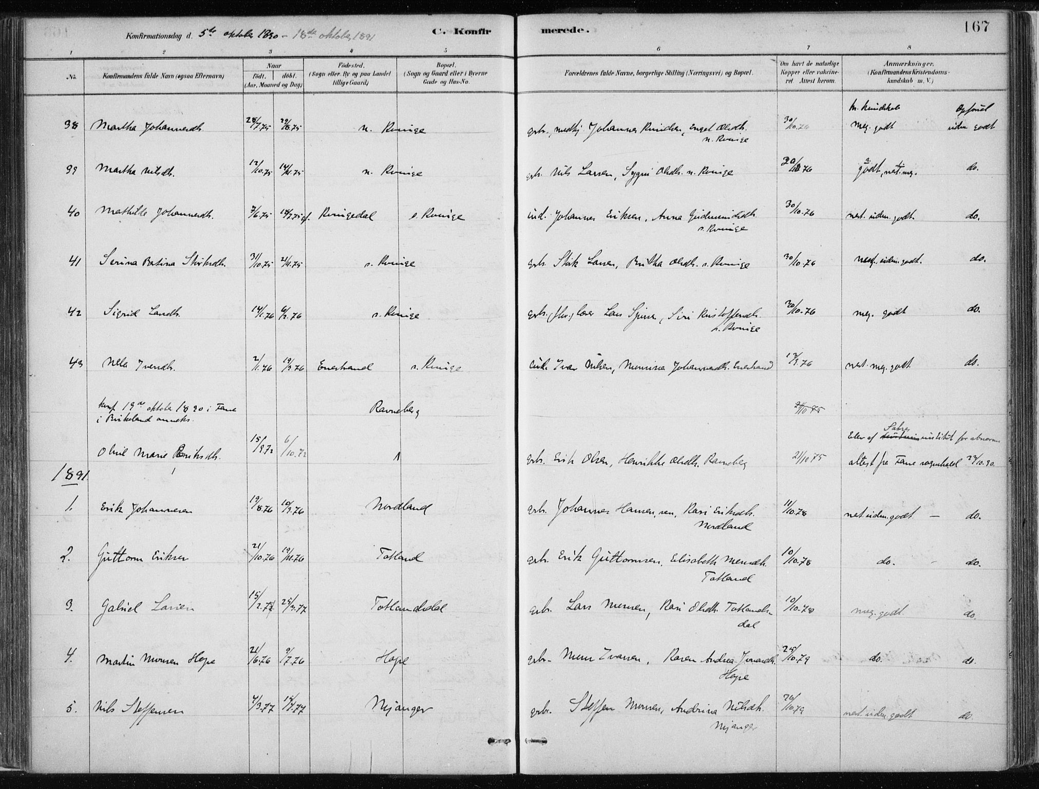 Masfjorden Sokneprestembete, SAB/A-77001: Parish register (official) no. B  1, 1876-1899, p. 167