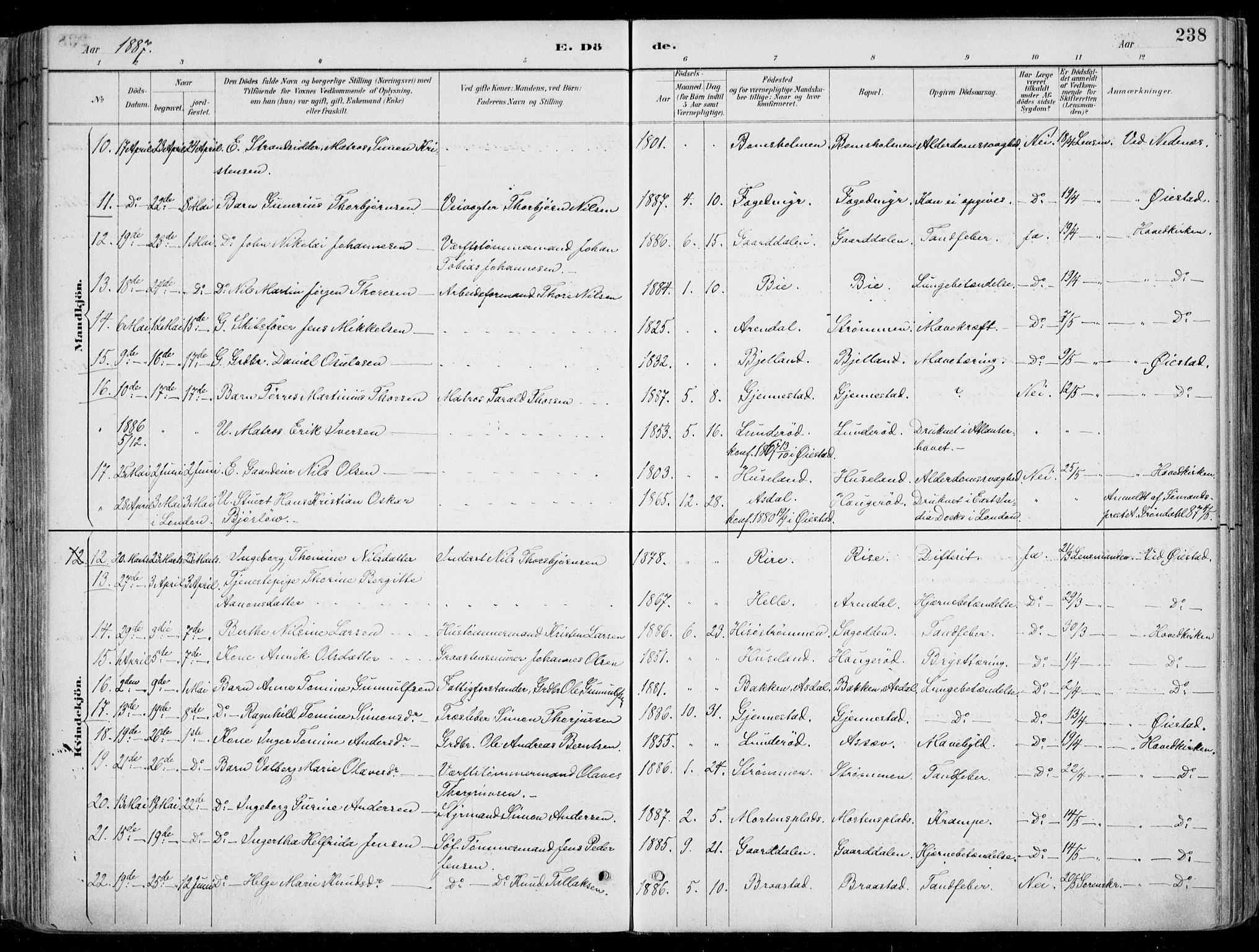 Øyestad sokneprestkontor, AV/SAK-1111-0049/F/Fa/L0017: Parish register (official) no. A 17, 1887-1896, p. 238