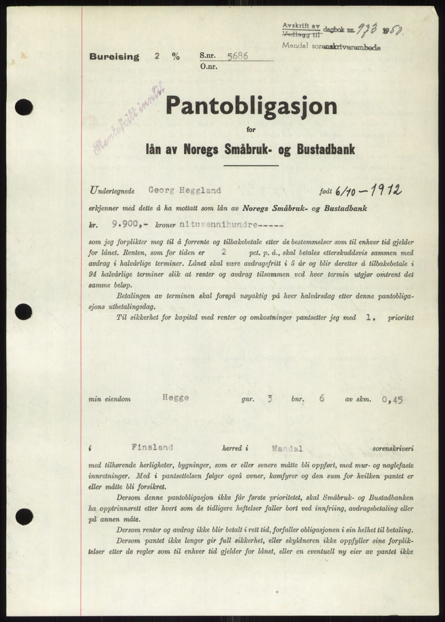 Mandal sorenskriveri, SAK/1221-0005/001/G/Gb/Gbb/L0002: Mortgage book no. B-2 - B-3, 1946-1950, Diary no: : 973/1950