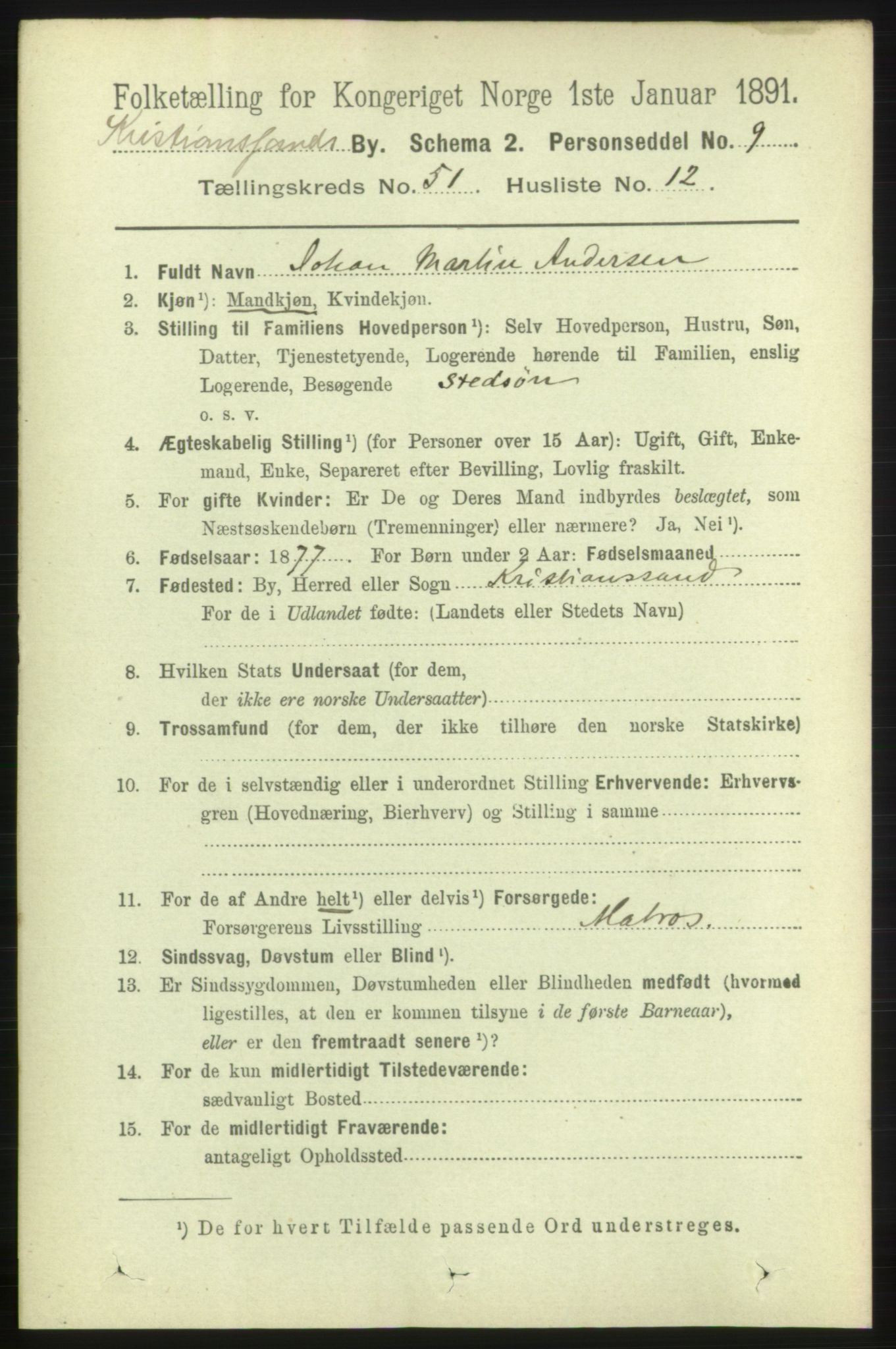 RA, 1891 census for 1001 Kristiansand, 1891, p. 15132