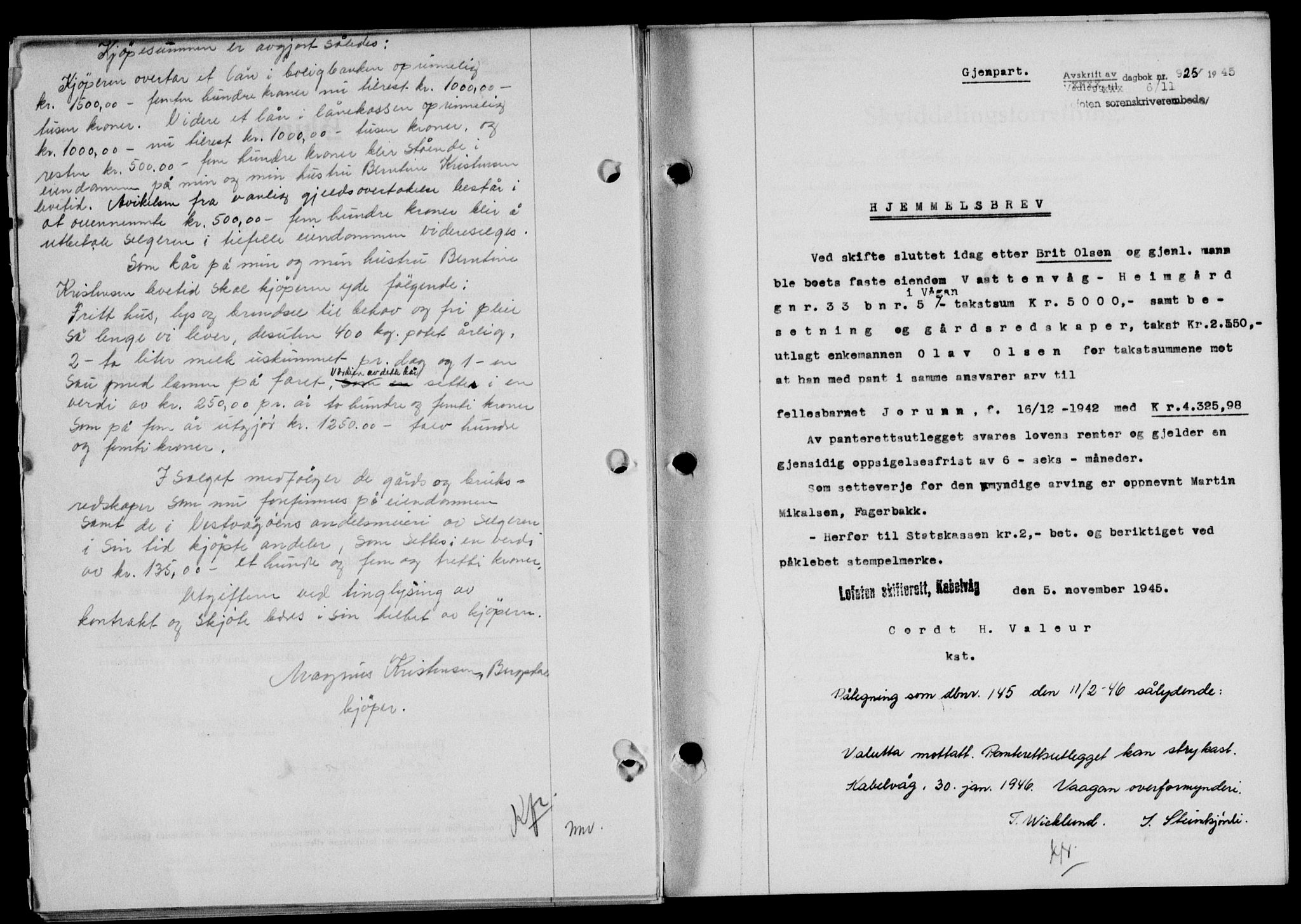 Lofoten sorenskriveri, SAT/A-0017/1/2/2C/L0013a: Mortgage book no. 13a, 1944-1946, Diary no: : 925/1945