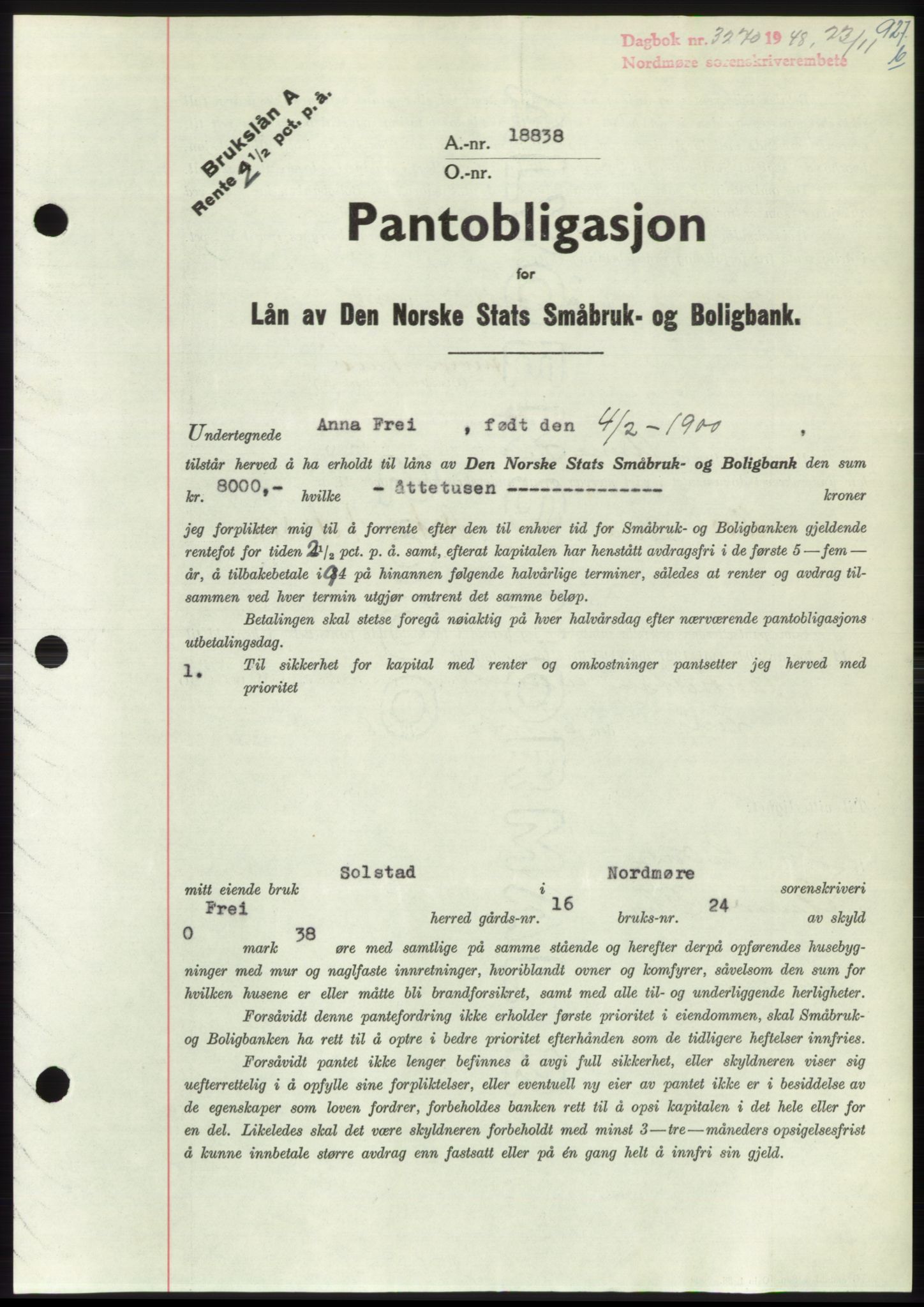 Nordmøre sorenskriveri, AV/SAT-A-4132/1/2/2Ca: Mortgage book no. B100, 1948-1949, Diary no: : 3270/1948