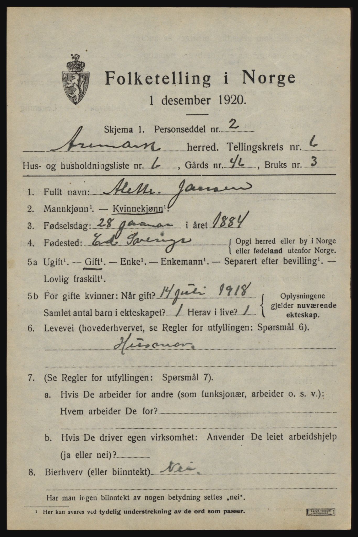 SAO, 1920 census for Aremark, 1920, p. 3775