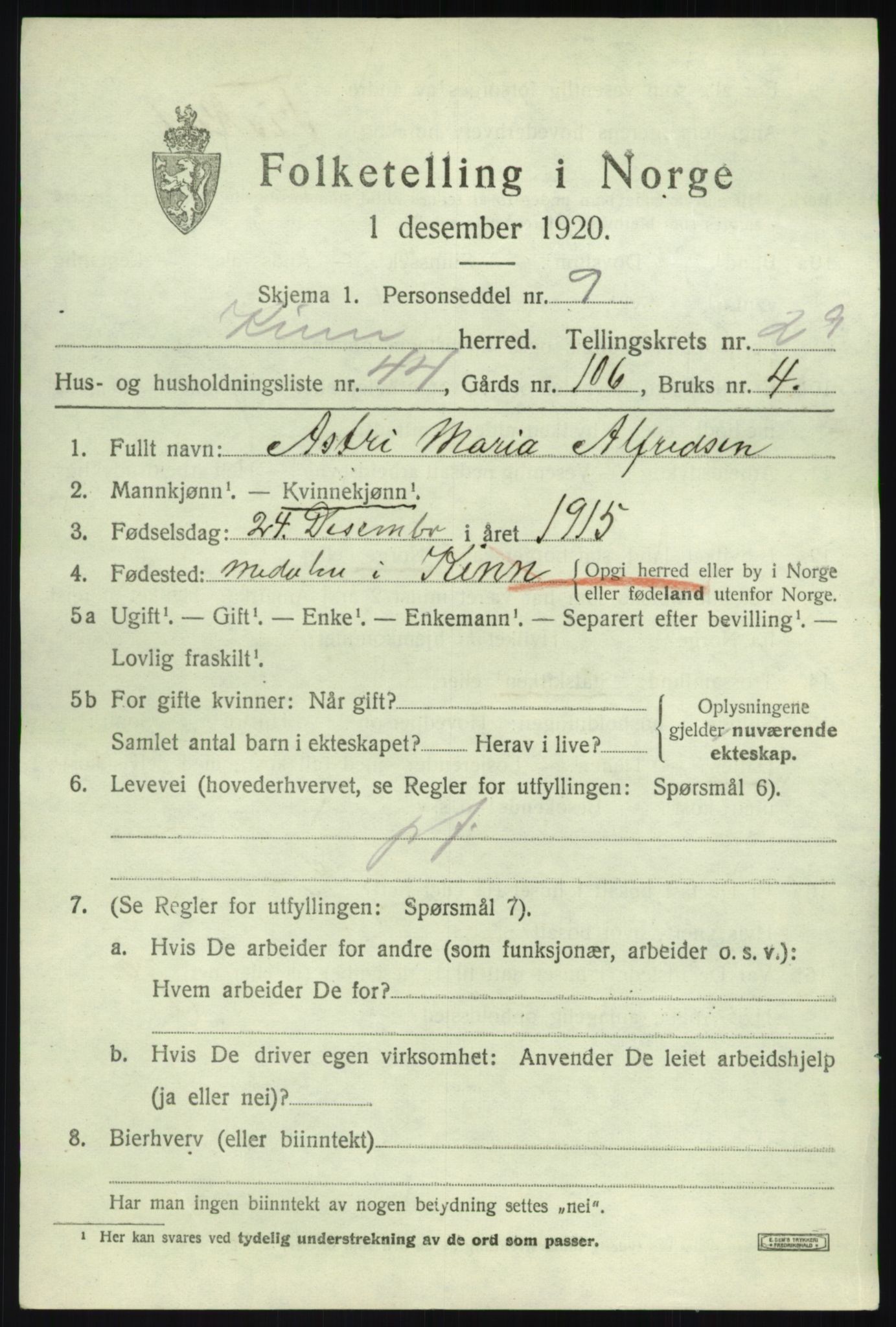 SAB, 1920 census for Kinn, 1920, p. 10359