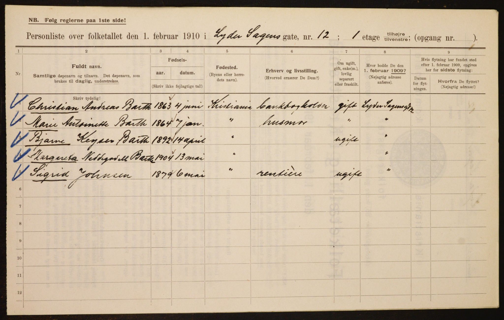 OBA, Municipal Census 1910 for Kristiania, 1910, p. 56463