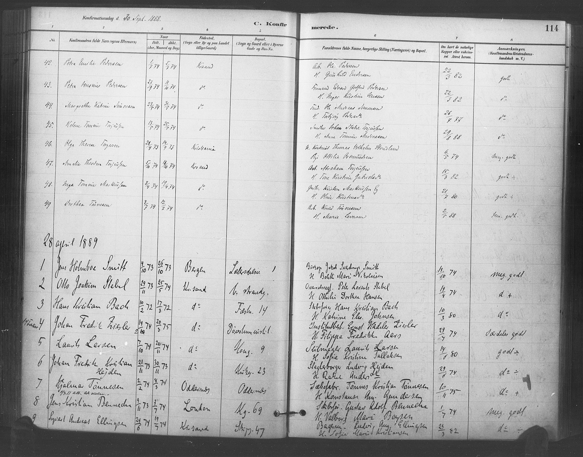 Kristiansand domprosti, AV/SAK-1112-0006/F/Fa/L0018: Parish register (official) no. A 17, 1880-1892, p. 114