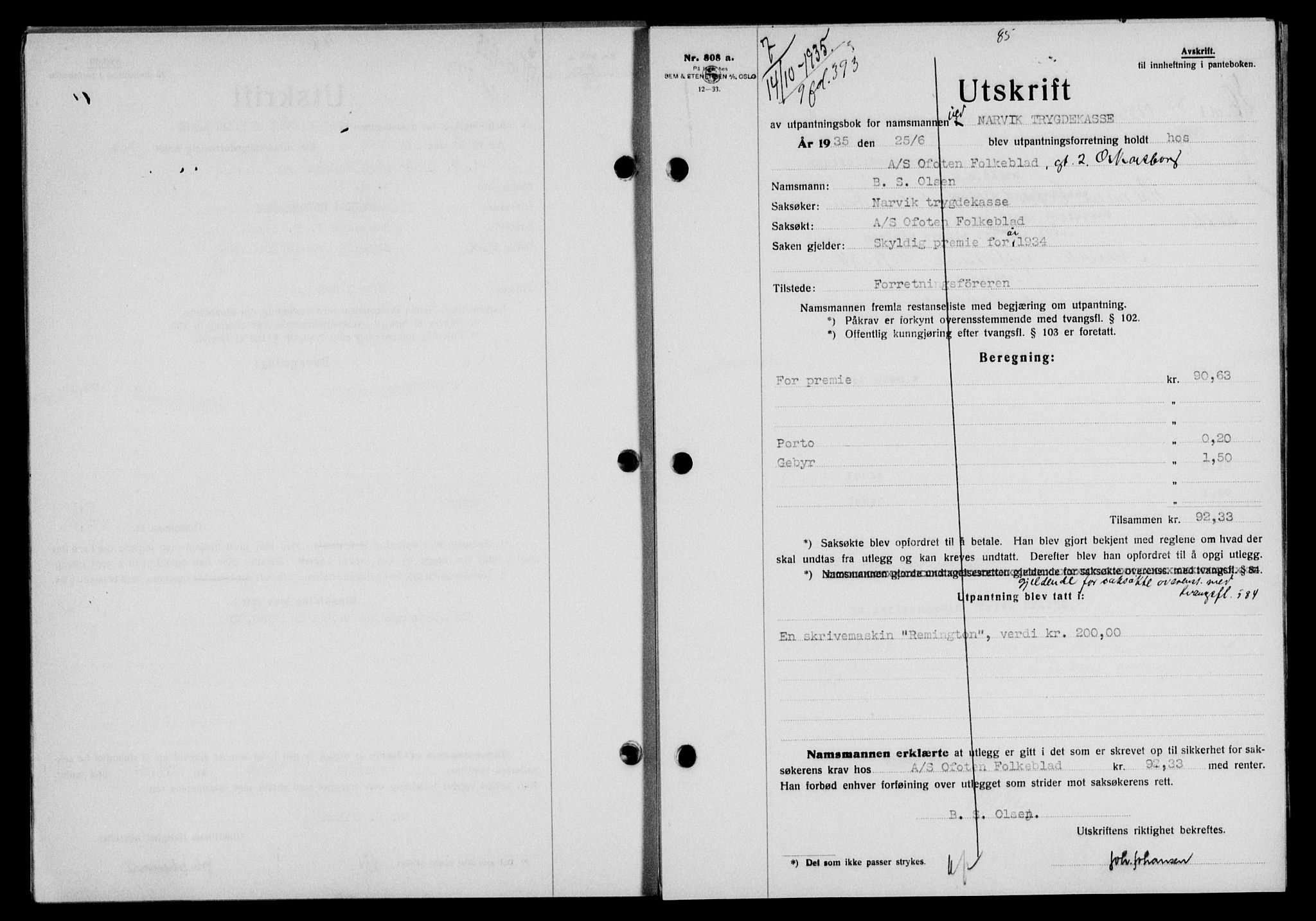 Narvik sorenskriveri, SAT/A-0002/1/2/2C/2Ca/L0011: Mortgage book no. 14, 1935-1937, Deed date: 14.10.1935