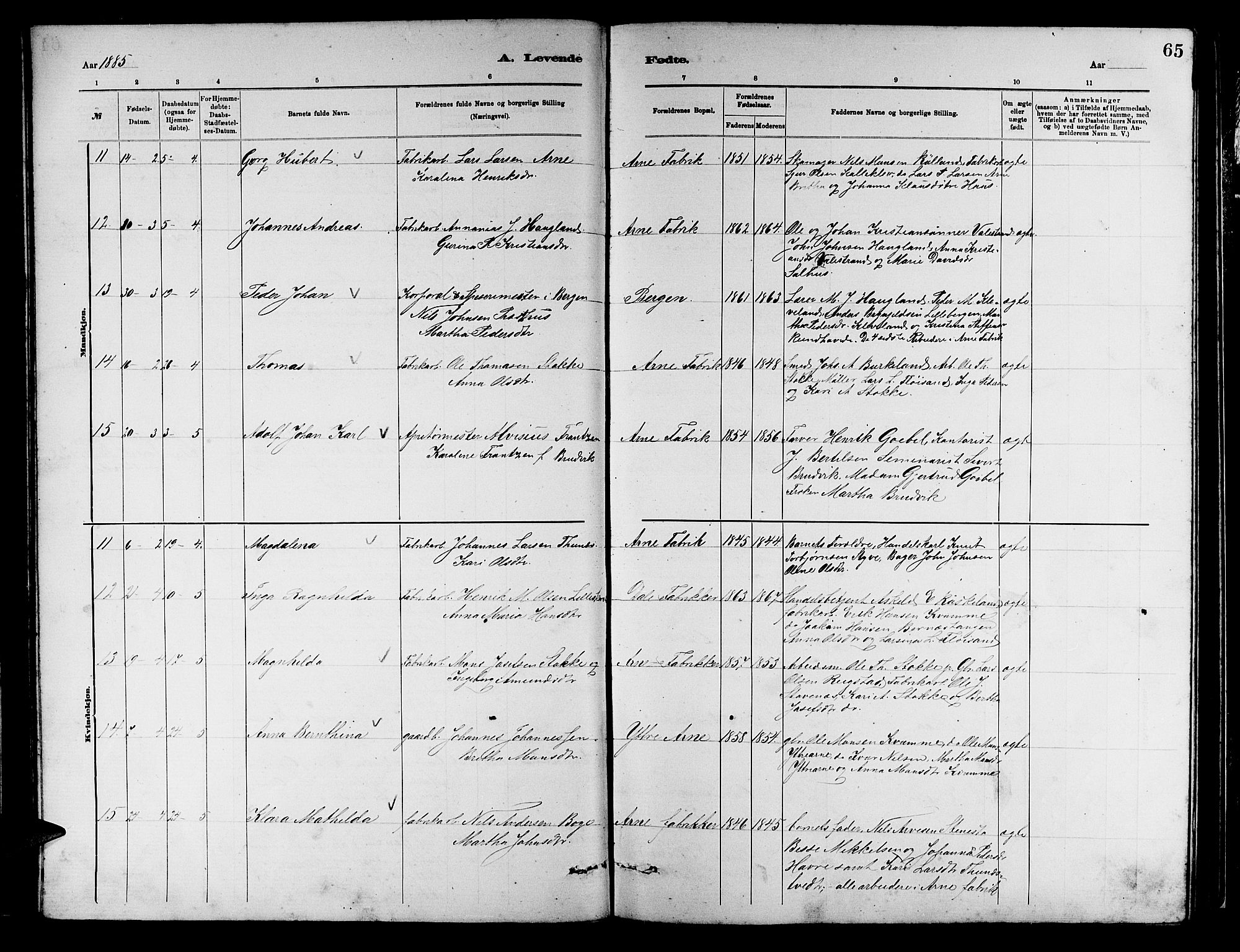 Arna Sokneprestembete, SAB/A-74001/H/Ha/Hab: Parish register (copy) no. A 2, 1878-1887, p. 65