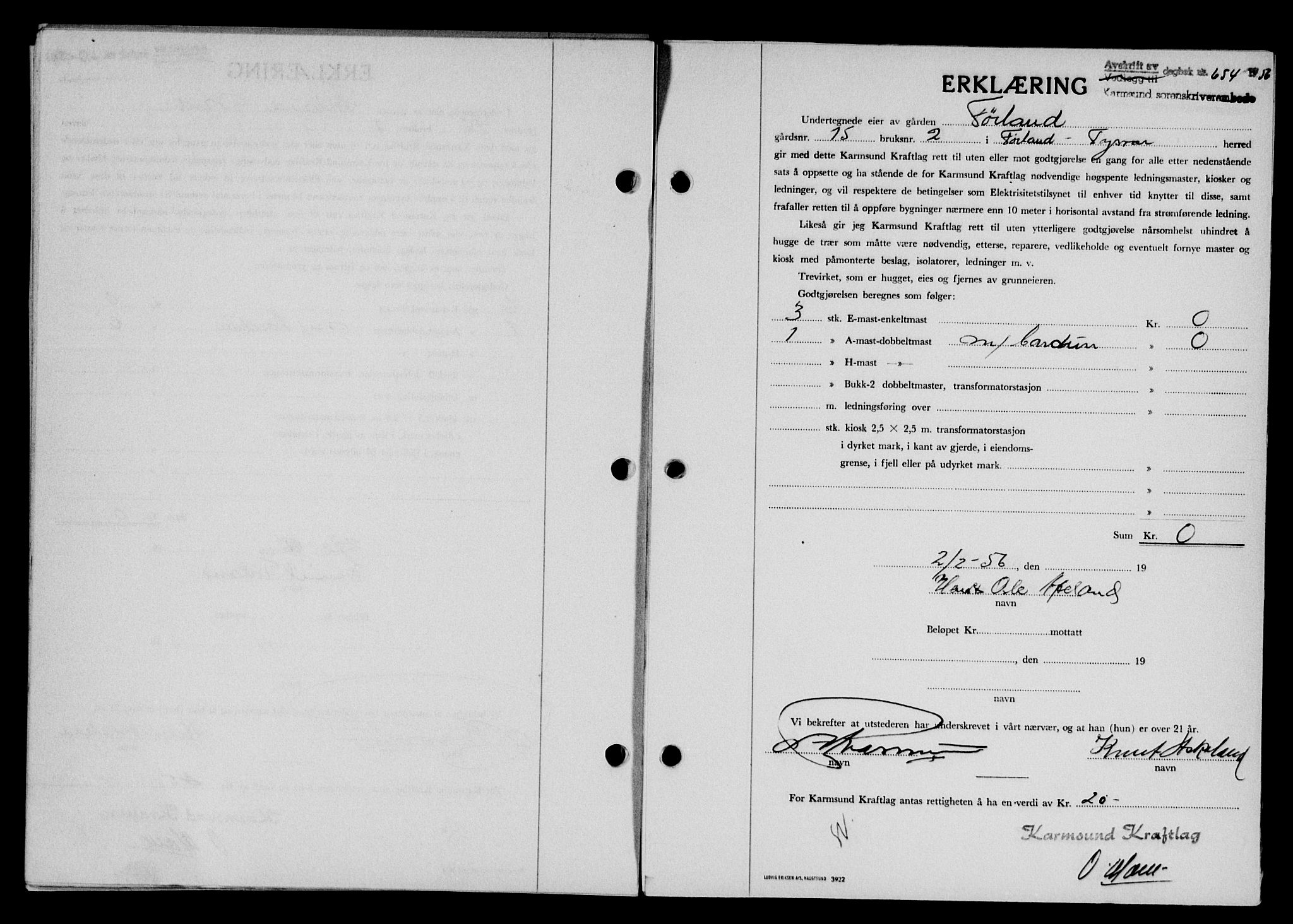 Karmsund sorenskriveri, SAST/A-100311/01/II/IIB/L0118: Mortgage book no. 98A, 1955-1956, Diary no: : 654/1956