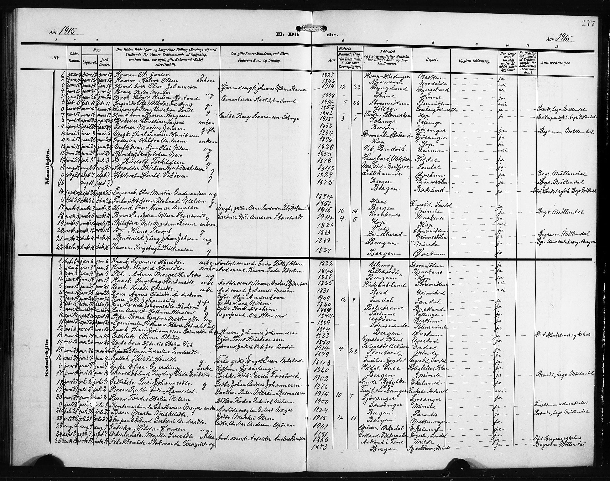 Birkeland Sokneprestembete, SAB/A-74601/H/Hab: Parish register (copy) no. A 6, 1906-1915, p. 177