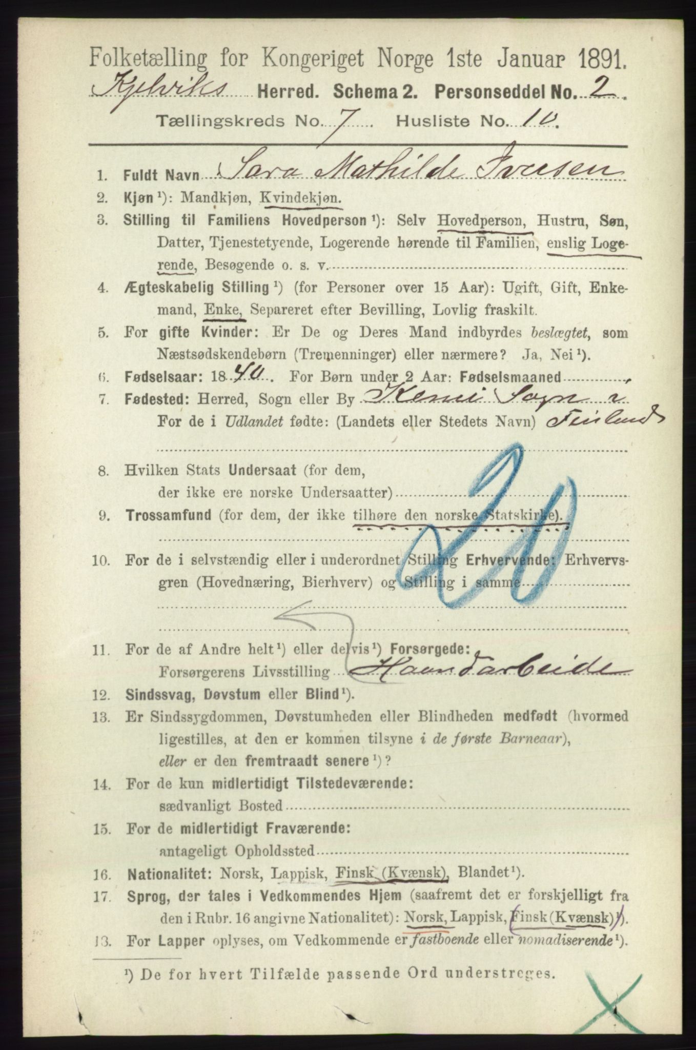 RA, 1891 census for 2019 Kjelvik, 1891, p. 961