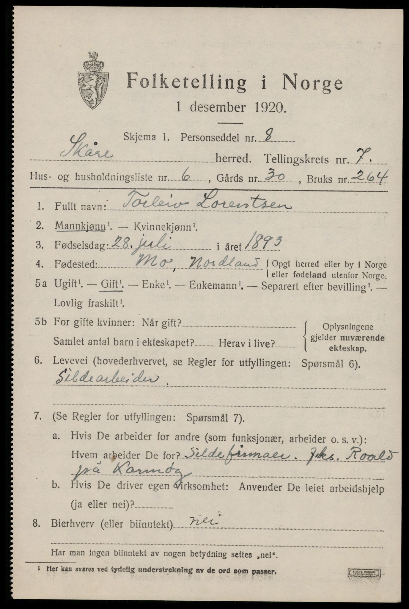 SAST, 1920 census for Skåre, 1920, p. 4816