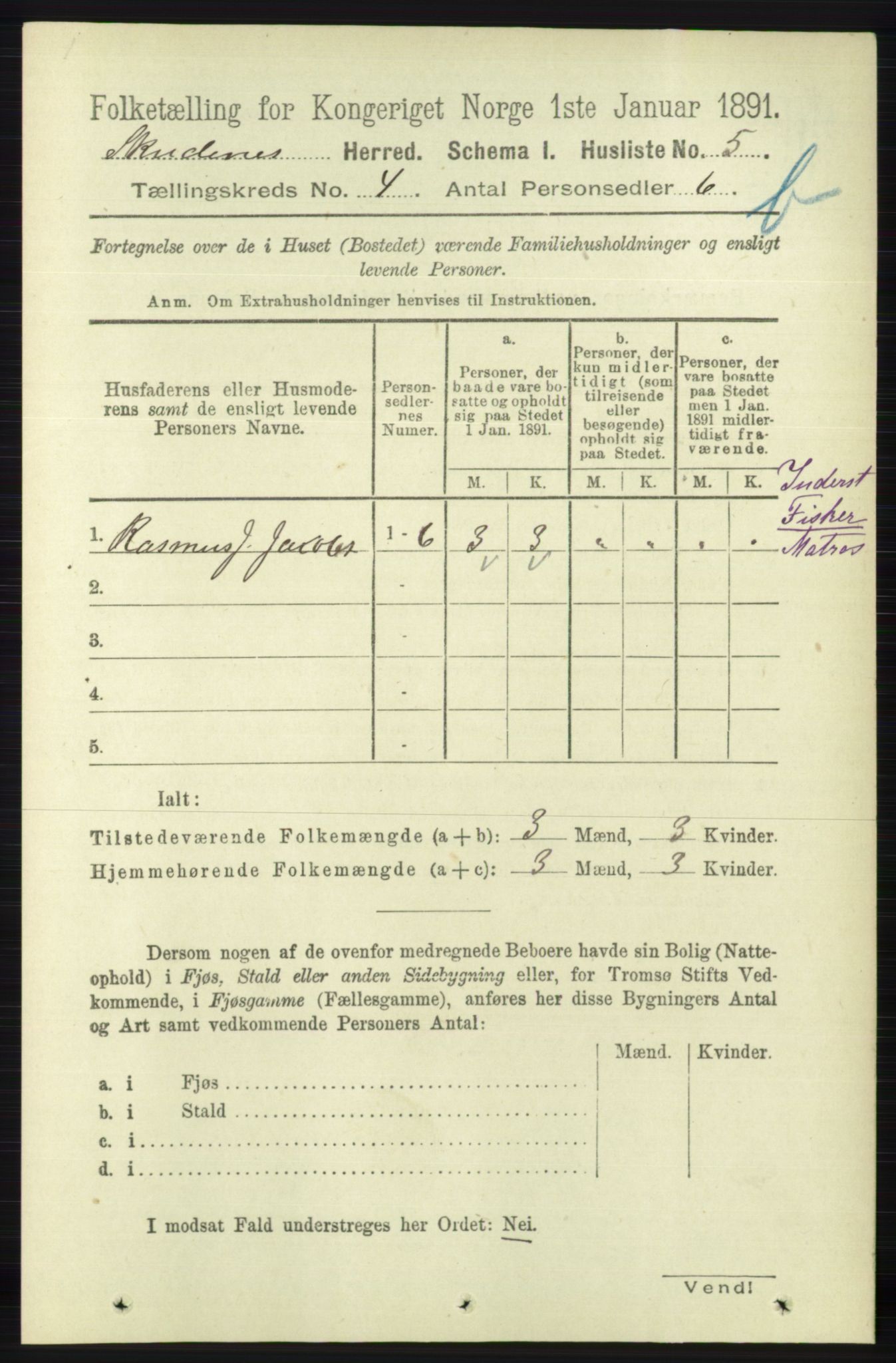 RA, 1891 census for 1150 Skudenes, 1891, p. 4433