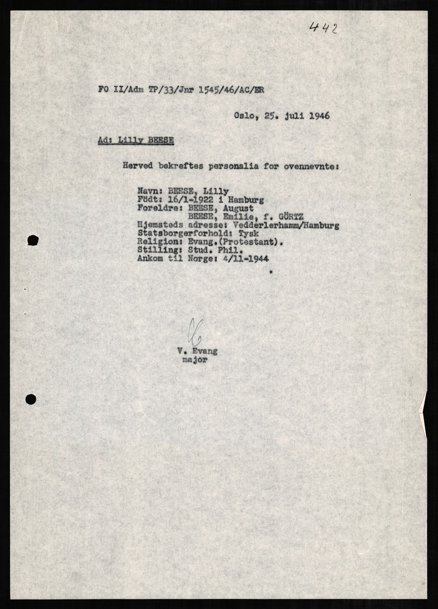 Forsvaret, Forsvarets overkommando II, AV/RA-RAFA-3915/D/Db/L0002: CI Questionaires. Tyske okkupasjonsstyrker i Norge. Tyskere., 1945-1946, p. 408