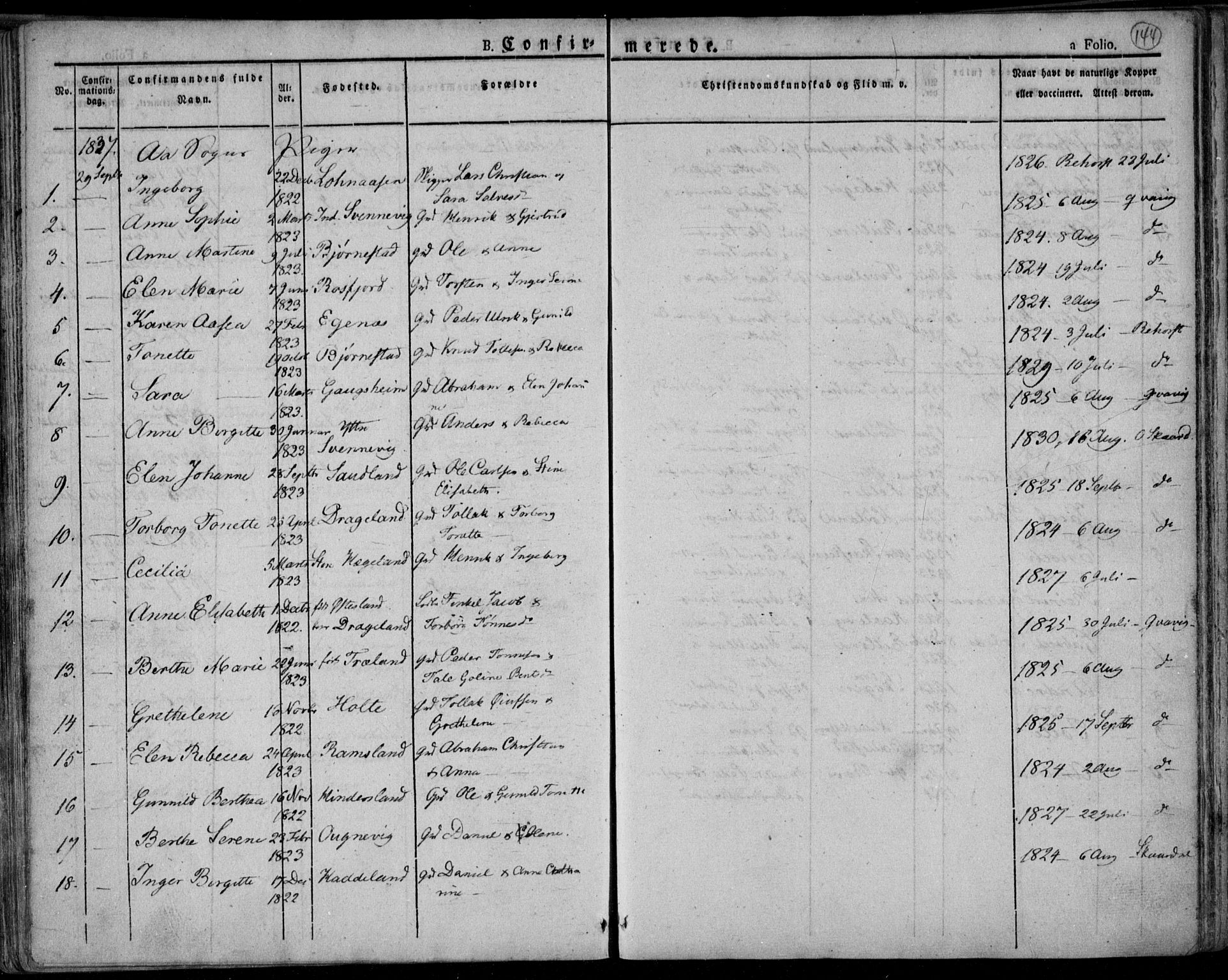 Lyngdal sokneprestkontor, AV/SAK-1111-0029/F/Fa/Fac/L0007: Parish register (official) no. A 7, 1825-1838, p. 144