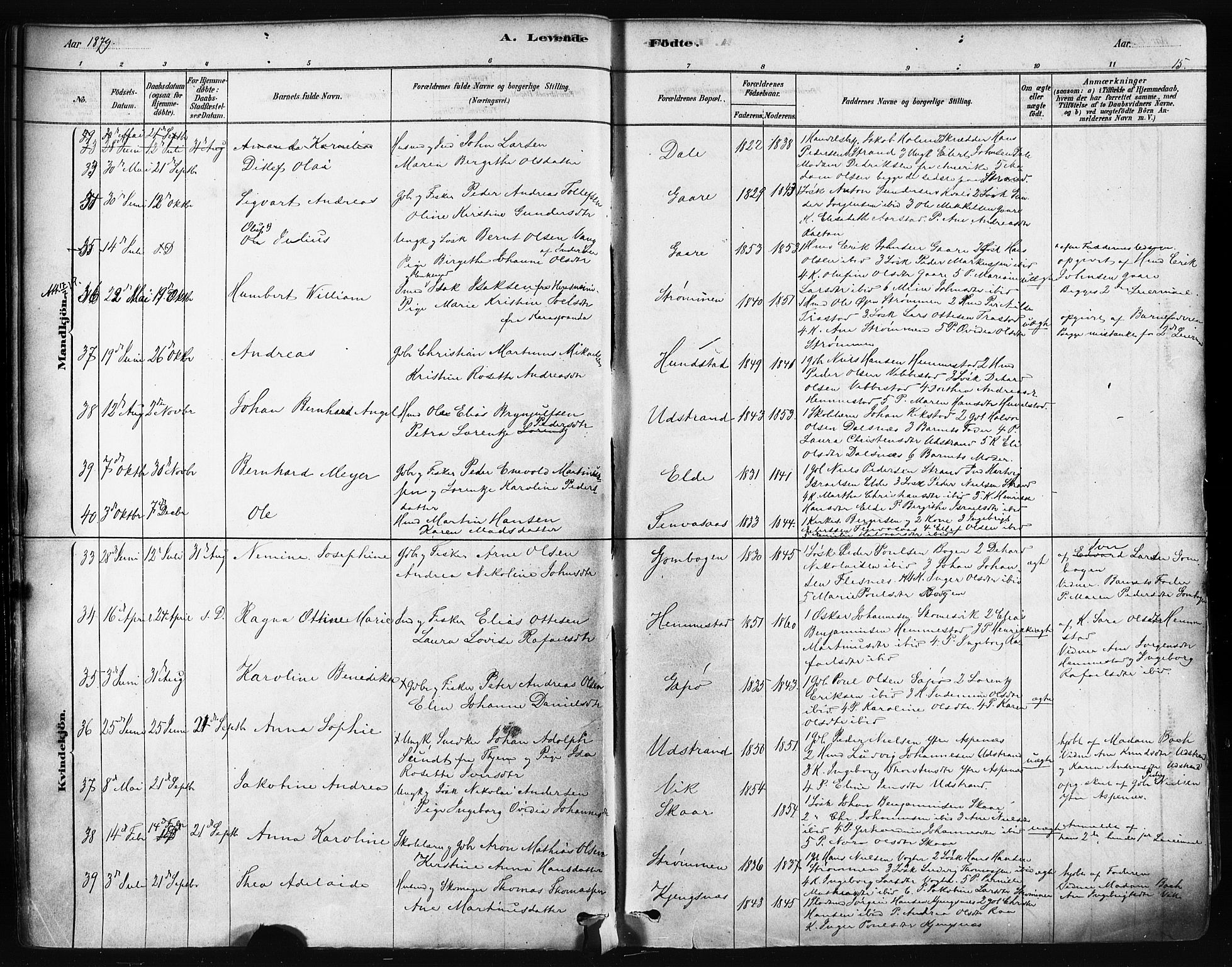 Kvæfjord sokneprestkontor, AV/SATØ-S-1323/G/Ga/Gaa/L0005kirke: Parish register (official) no. 5, 1878-1894, p. 15