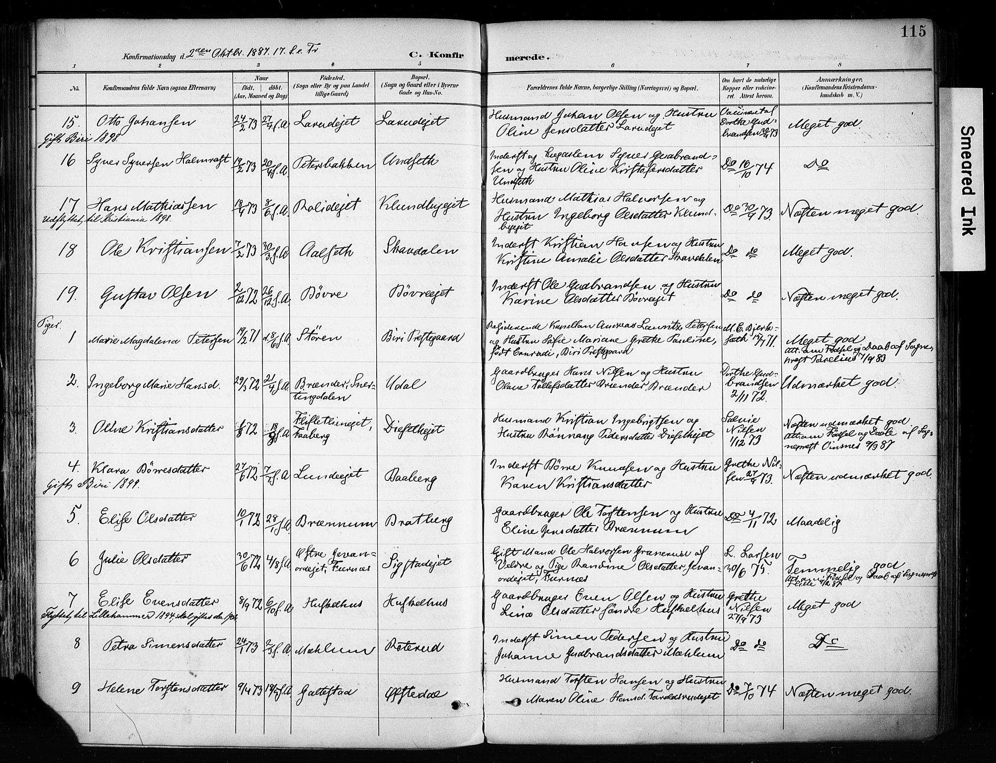 Biri prestekontor, SAH/PREST-096/H/Ha/Haa/L0009: Parish register (official) no. 9, 1887-1900, p. 115