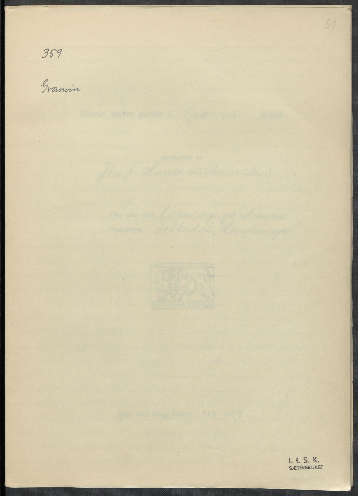 Instituttet for sammenlignende kulturforskning, AV/RA-PA-0424/F/Fc/L0010/0003: Eske B10: / Hordaland (perm XXVII), 1933-1936, p. 61