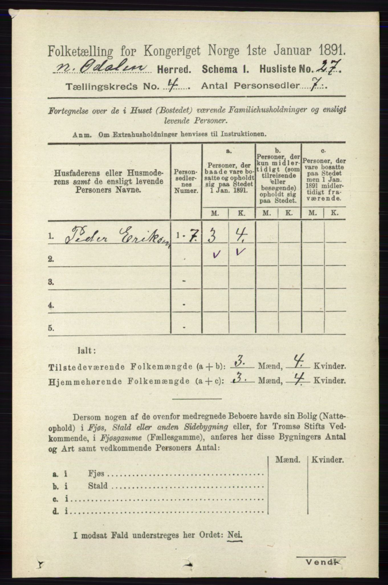 RA, 1891 census for 0418 Nord-Odal, 1891, p. 1256