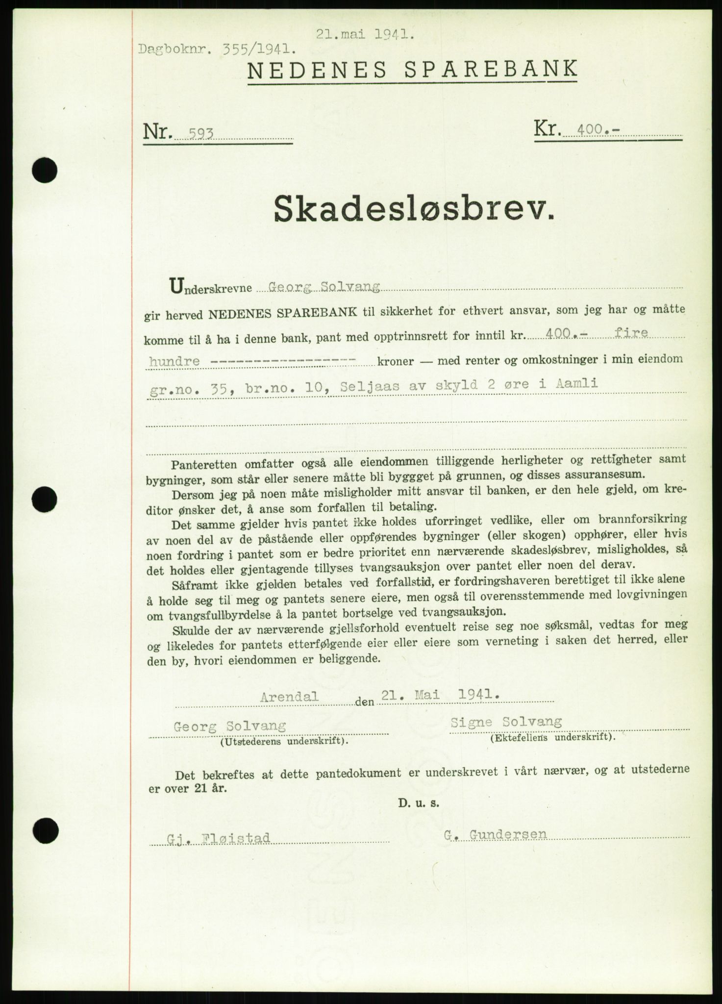 Nedenes sorenskriveri, SAK/1221-0006/G/Gb/Gbb/L0001: Mortgage book no. I, 1939-1942, Diary no: : 355/1941