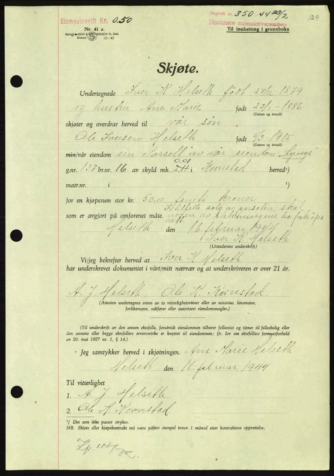 Nordmøre sorenskriveri, AV/SAT-A-4132/1/2/2Ca: Mortgage book no. A97, 1944-1944, Diary no: : 350/1944