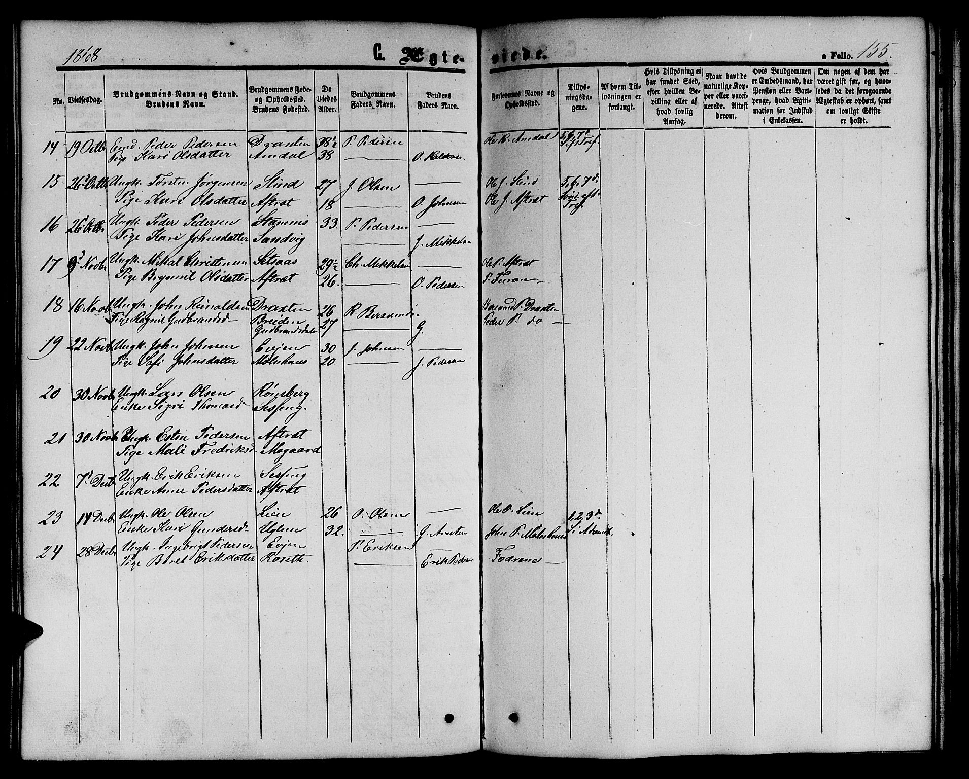 Ministerialprotokoller, klokkerbøker og fødselsregistre - Sør-Trøndelag, AV/SAT-A-1456/695/L1155: Parish register (copy) no. 695C06, 1859-1868, p. 155