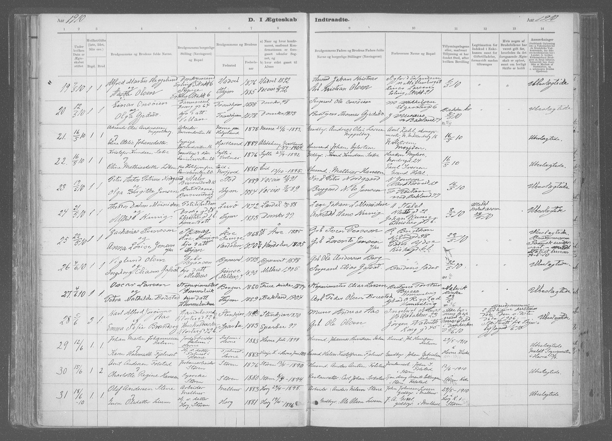 Ministerialprotokoller, klokkerbøker og fødselsregistre - Sør-Trøndelag, SAT/A-1456/601/L0064: Parish register (official) no. 601A31, 1891-1911