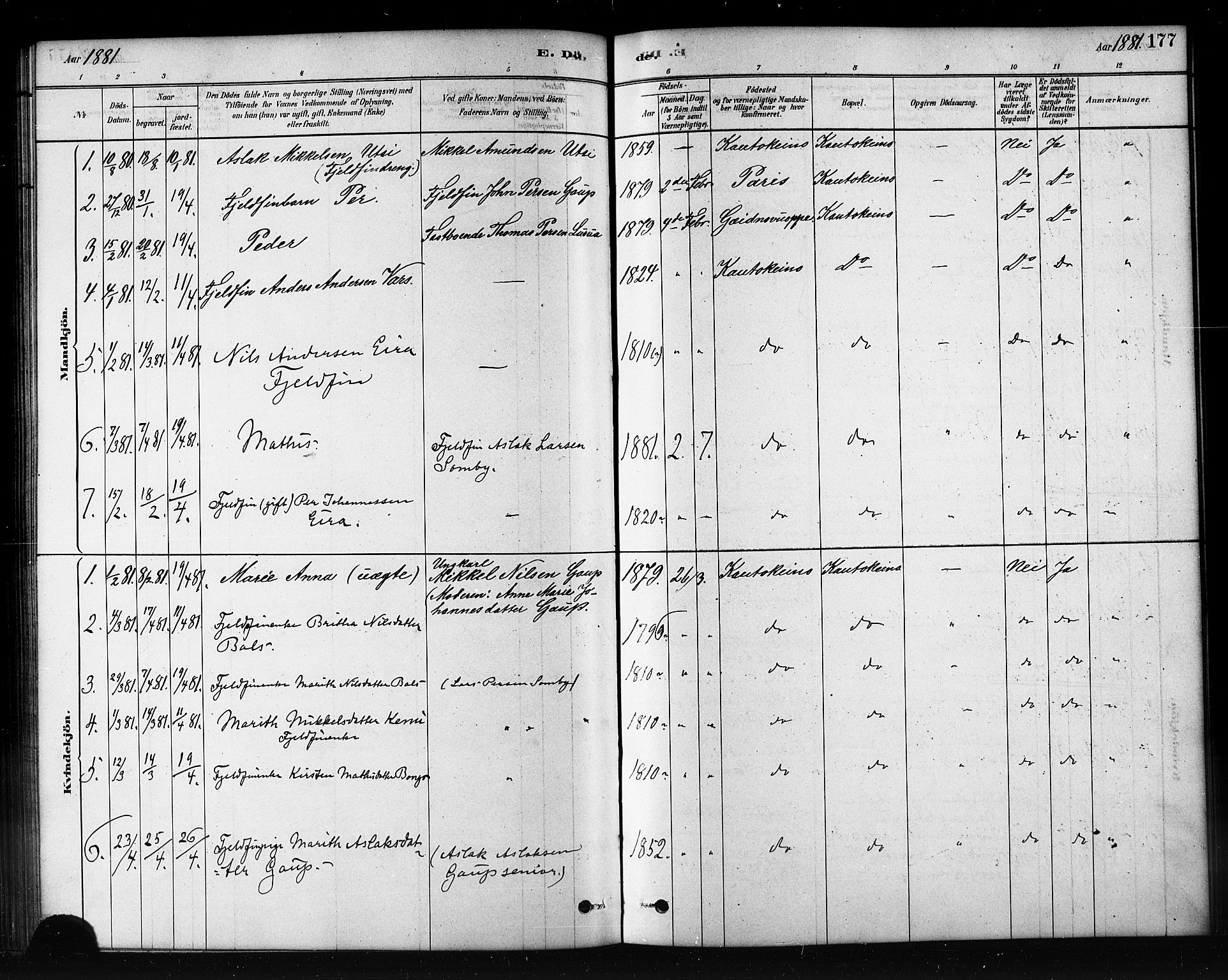 Kautokeino sokneprestembete, AV/SATØ-S-1340/H/Hb/L0002.klokk: Parish register (copy) no. 2, 1877-1896, p. 177