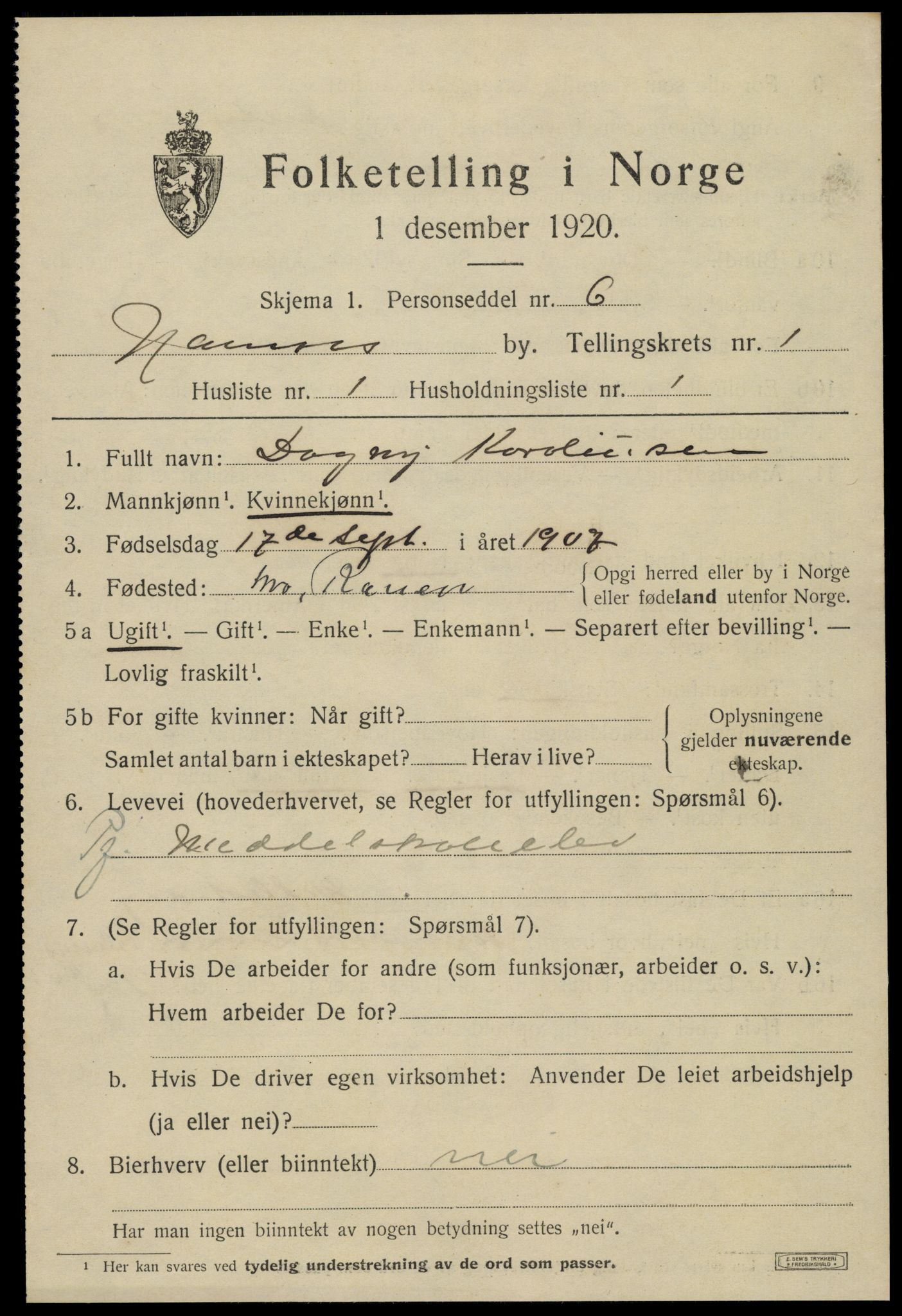 SAT, 1920 census for Namsos, 1920, p. 2025