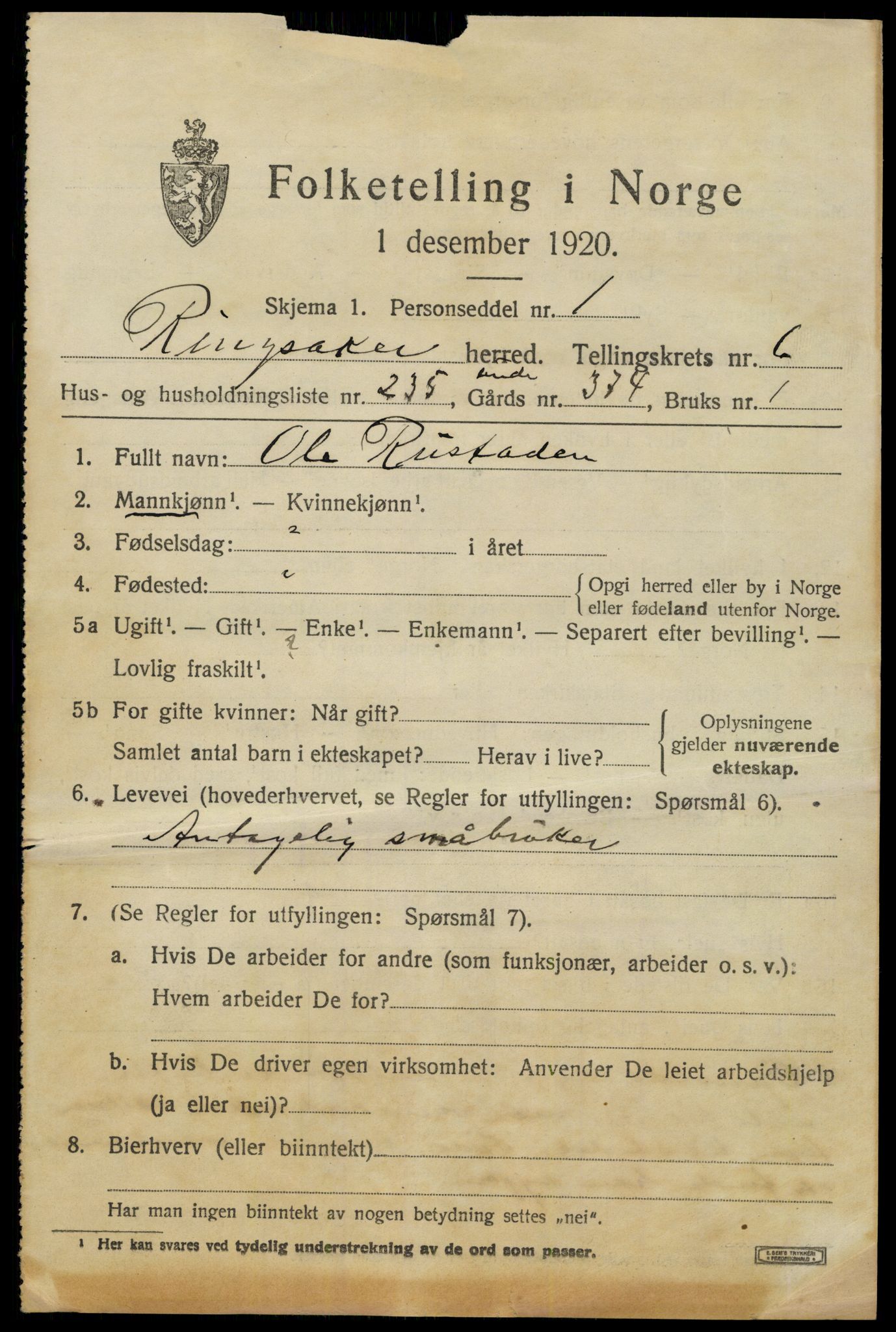 SAH, 1920 census for Ringsaker, 1920, p. 15088