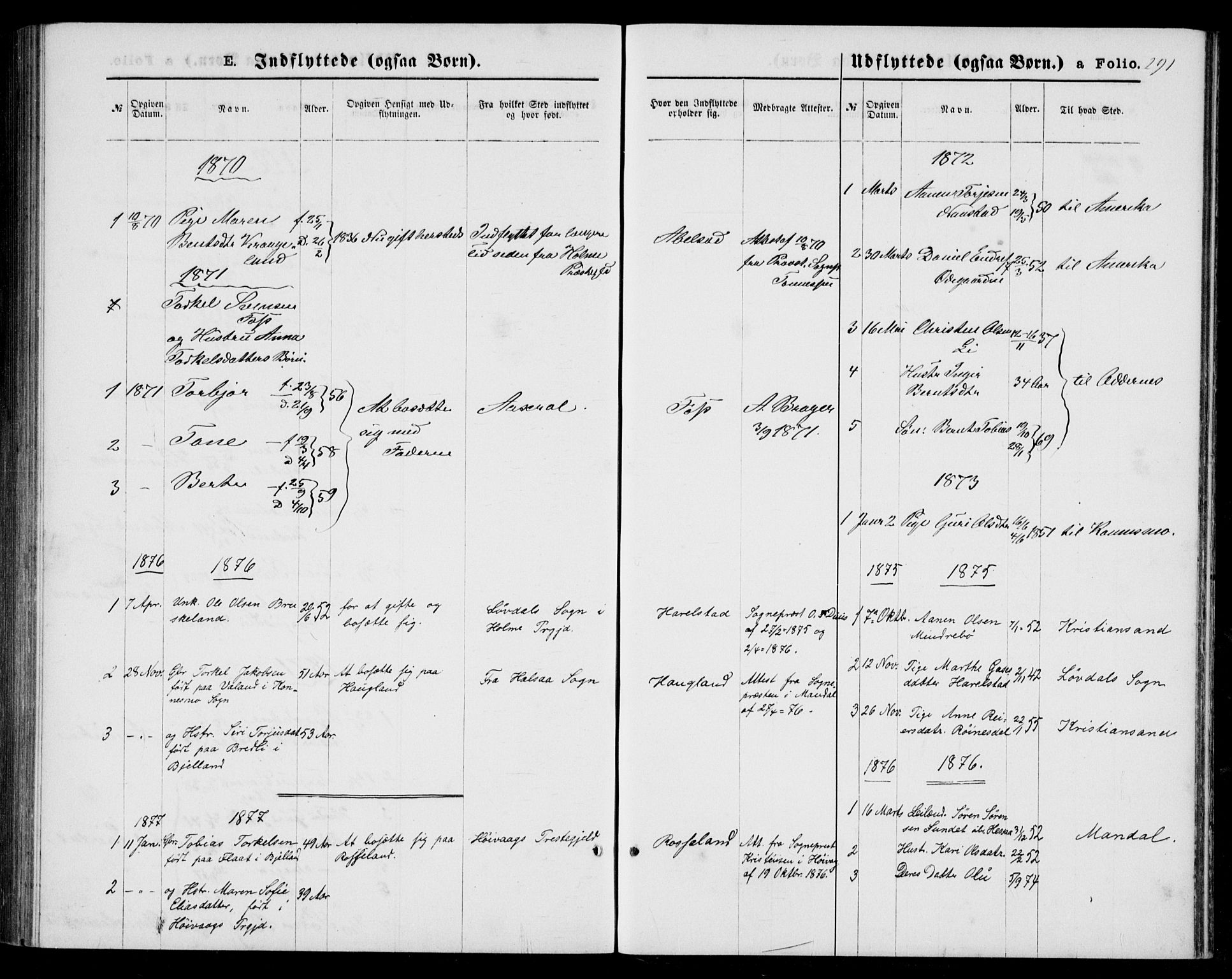 Bjelland sokneprestkontor, AV/SAK-1111-0005/F/Fb/Fba/L0004: Parish register (copy) no. B 4, 1869-1886, p. 291