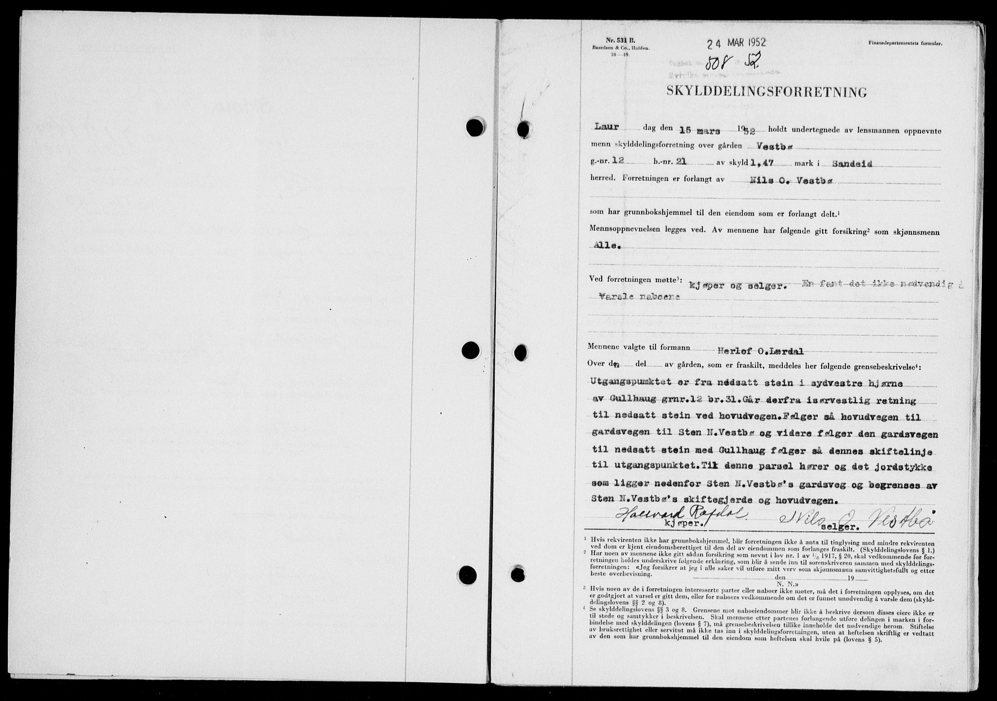 Ryfylke tingrett, AV/SAST-A-100055/001/II/IIB/L0116: Mortgage book no. 95, 1951-1952, Diary no: : 508/1952