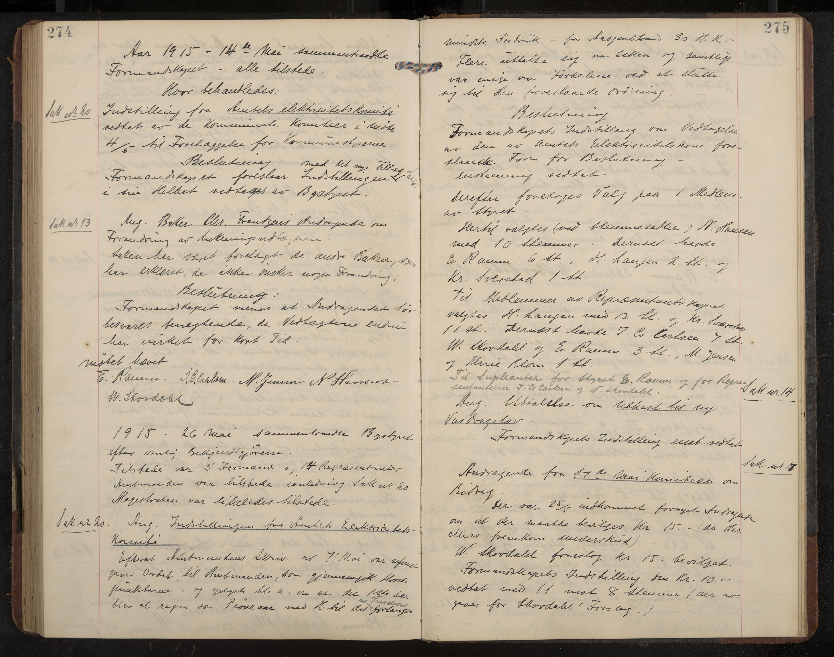 Åsgårdstrand formannskap og sentraladministrasjon, IKAK/0704021/A/L0004: Møtebok med register, 1908-1915, p. 274-275