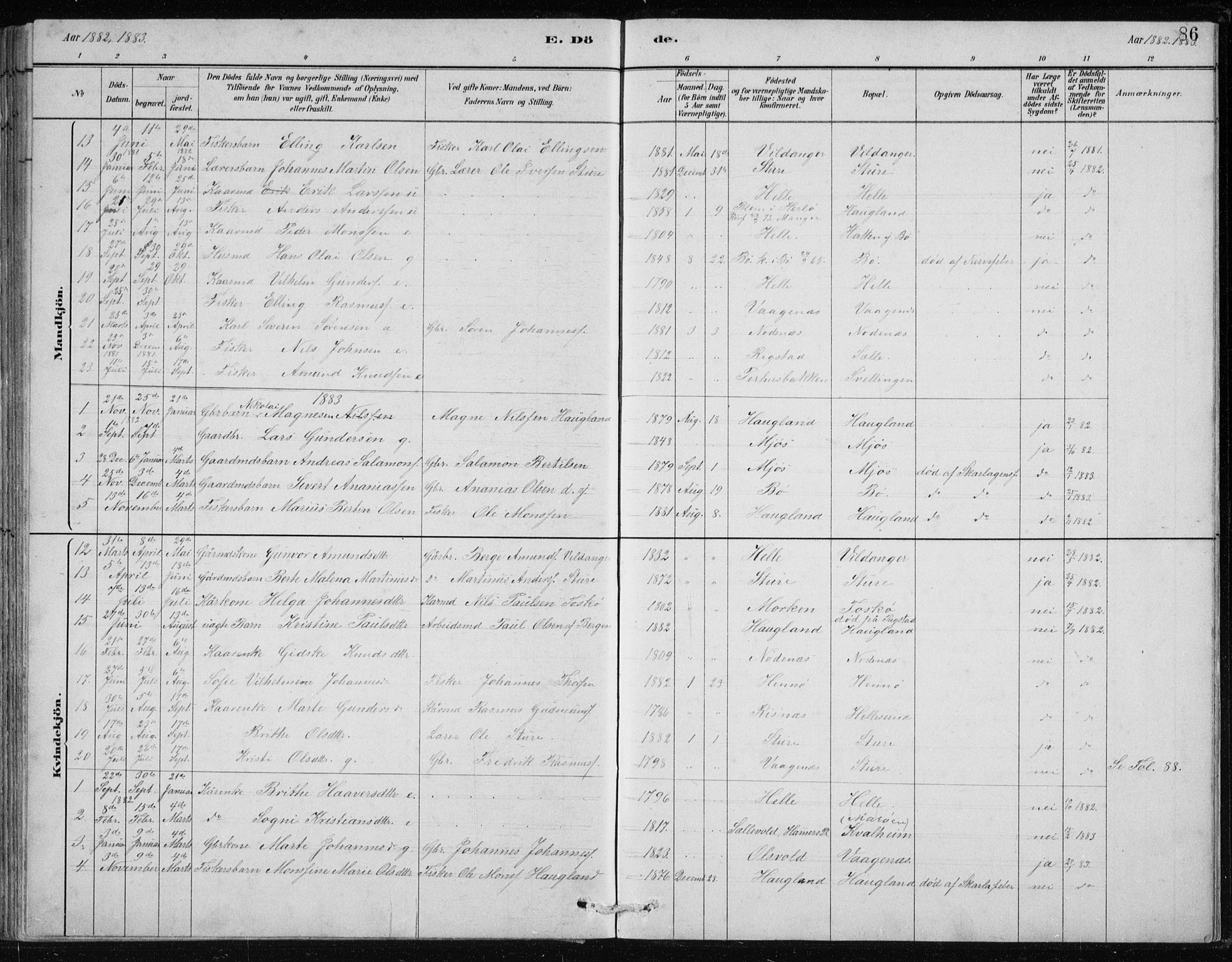 Manger sokneprestembete, SAB/A-76801/H/Hab: Parish register (copy) no. B 2, 1882-1890, p. 86