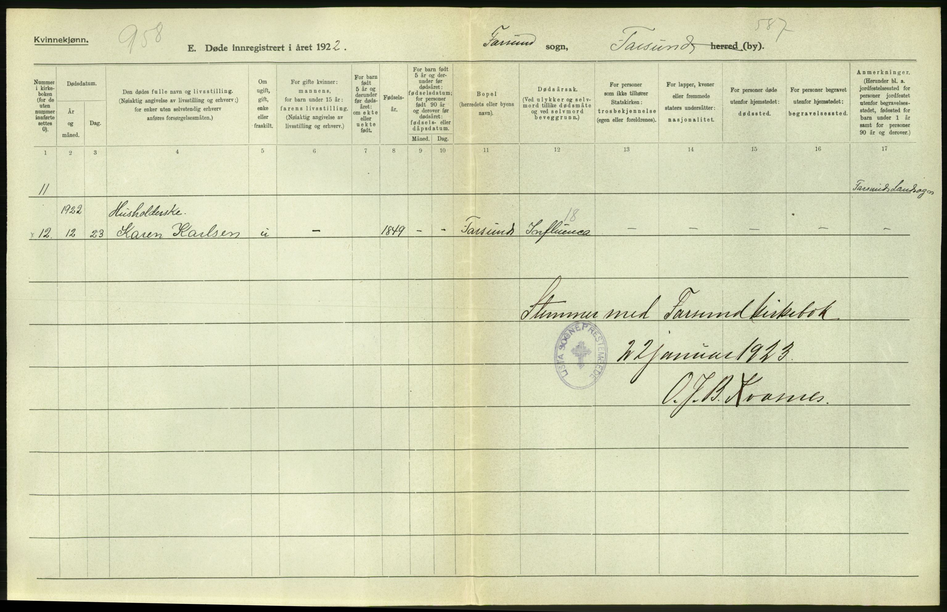 Statistisk sentralbyrå, Sosiodemografiske emner, Befolkning, AV/RA-S-2228/D/Df/Dfc/Dfcb/L0022: Vest-Agder fylke: Levendefødte menn og kvinner, gifte, døde, dødfødte. Bygder og byer., 1922, p. 398