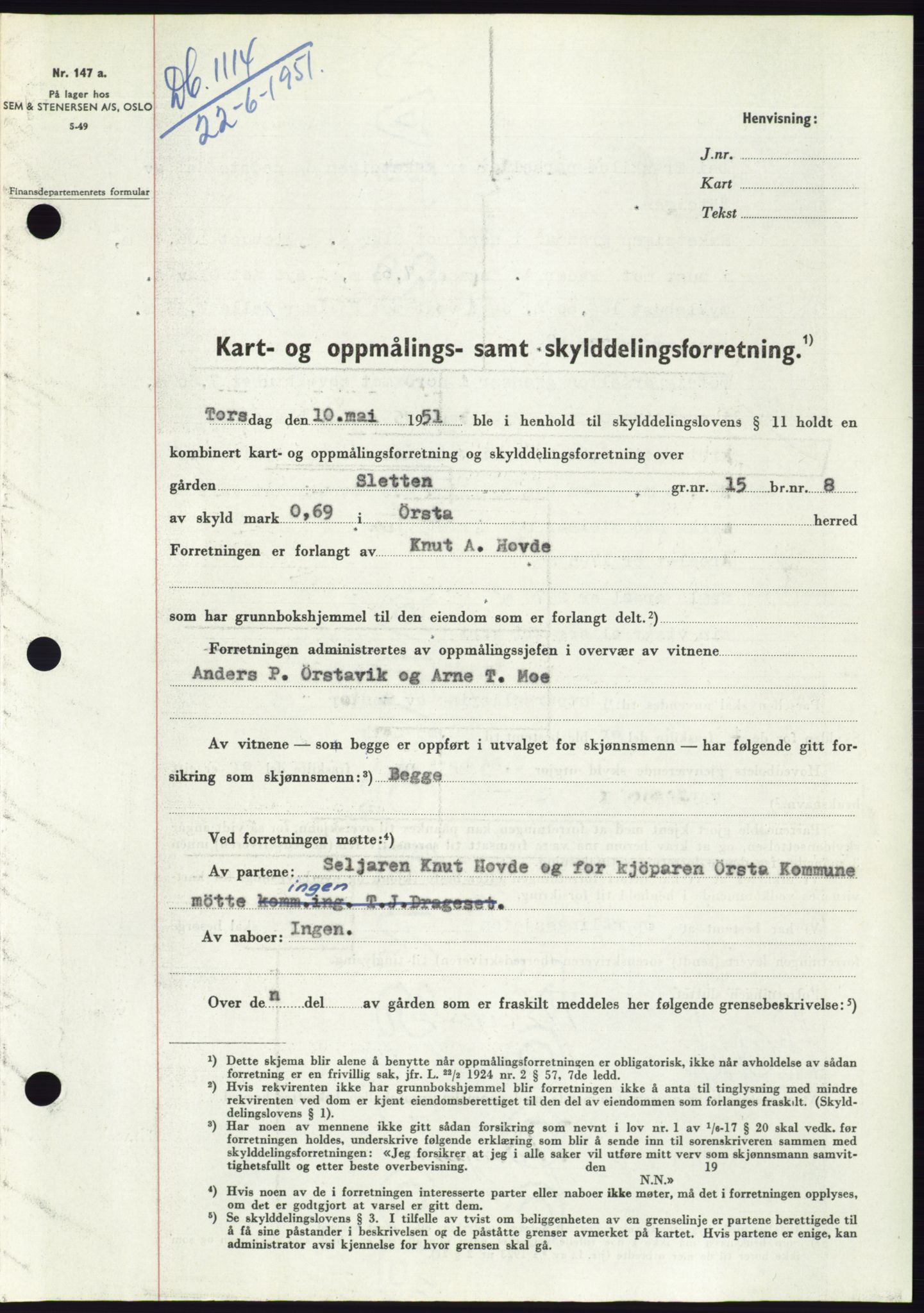 Søre Sunnmøre sorenskriveri, AV/SAT-A-4122/1/2/2C/L0089: Mortgage book no. 15A, 1951-1951, Diary no: : 1114/1951