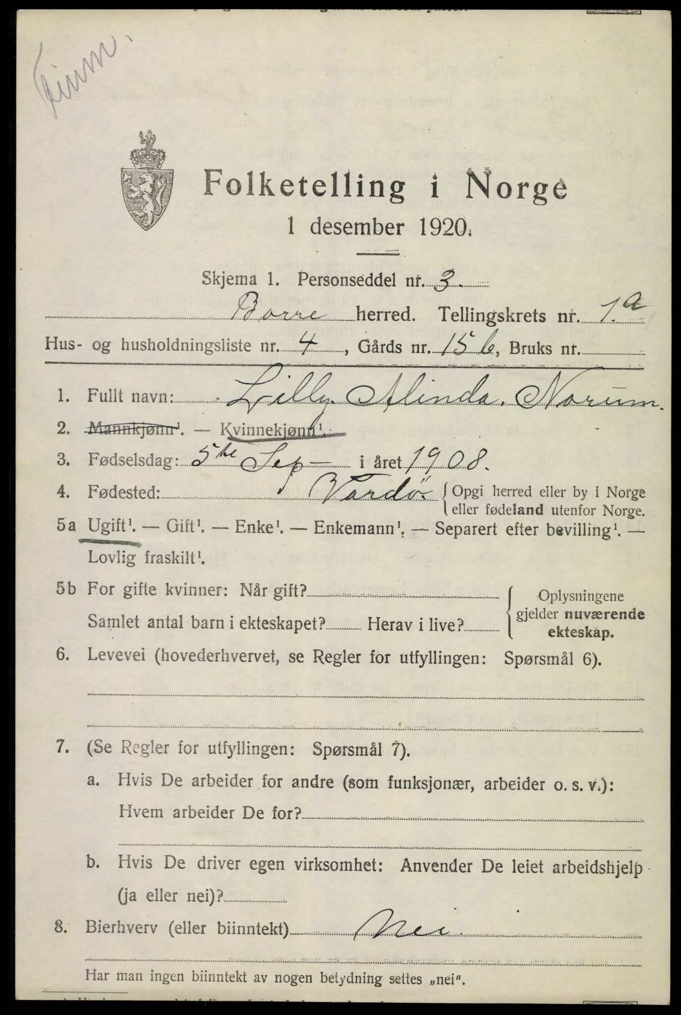 SAKO, 1920 census for Borre, 1920, p. 1442