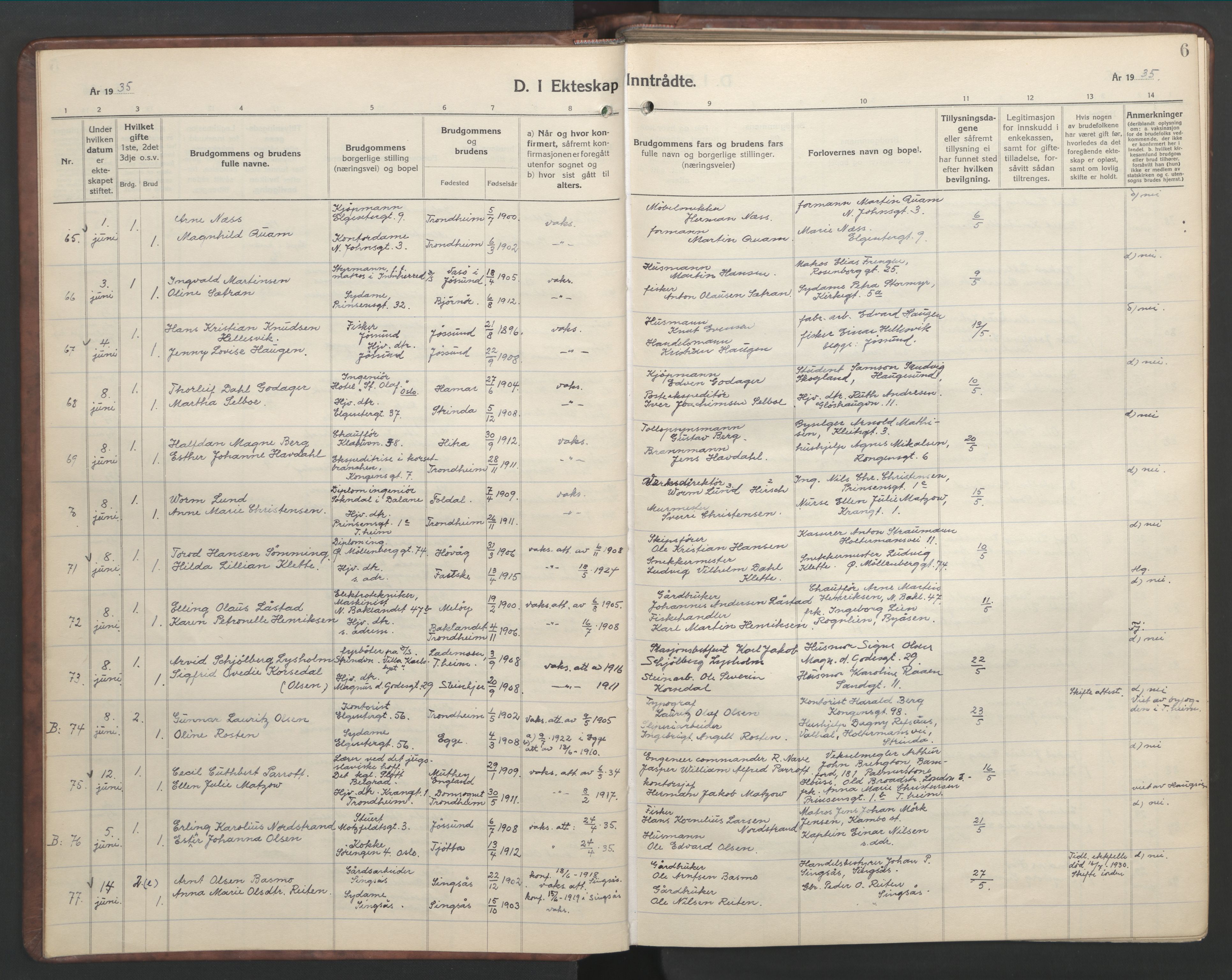 Ministerialprotokoller, klokkerbøker og fødselsregistre - Sør-Trøndelag, SAT/A-1456/601/L0101: Parish register (copy) no. 601C19, 1935-1946, p. 6