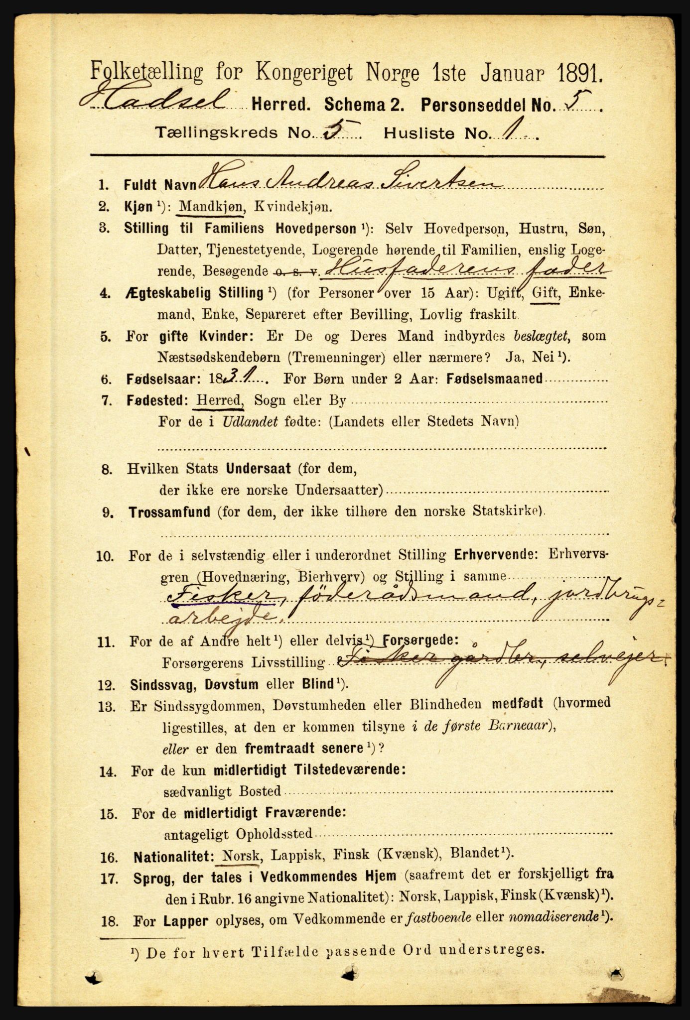 RA, 1891 census for 1866 Hadsel, 1891, p. 2128