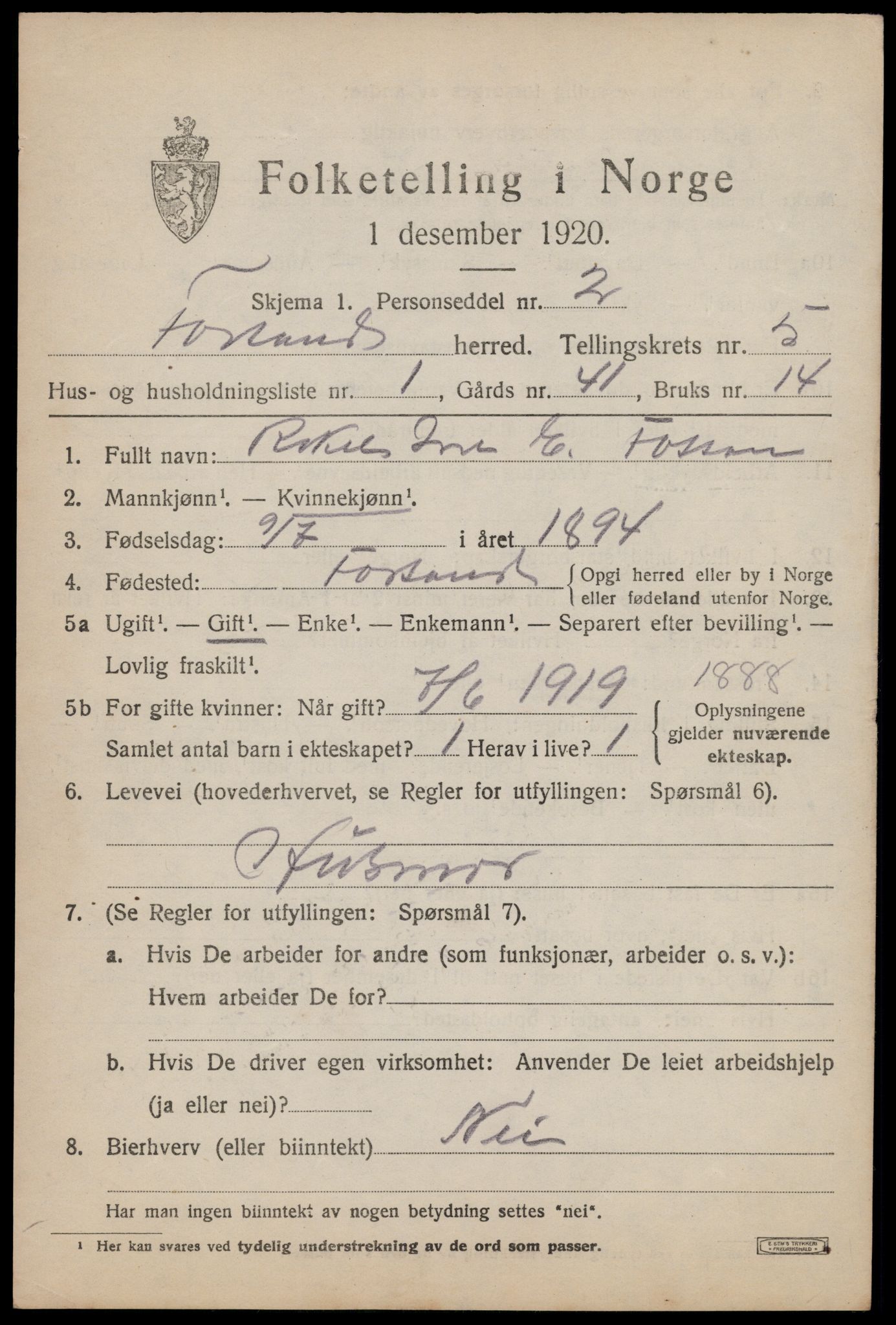 SAST, 1920 census for Forsand, 1920, p. 1787