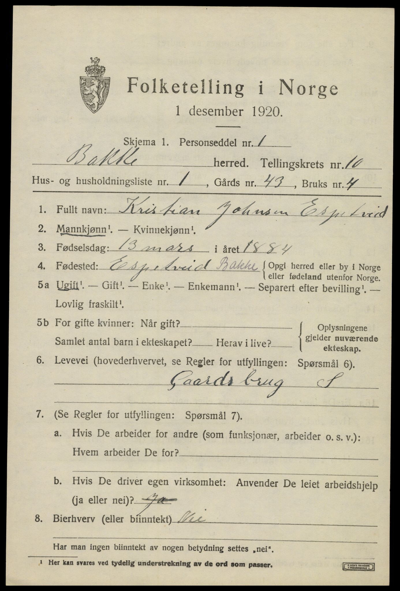 SAK, 1920 census for Bakke, 1920, p. 2566