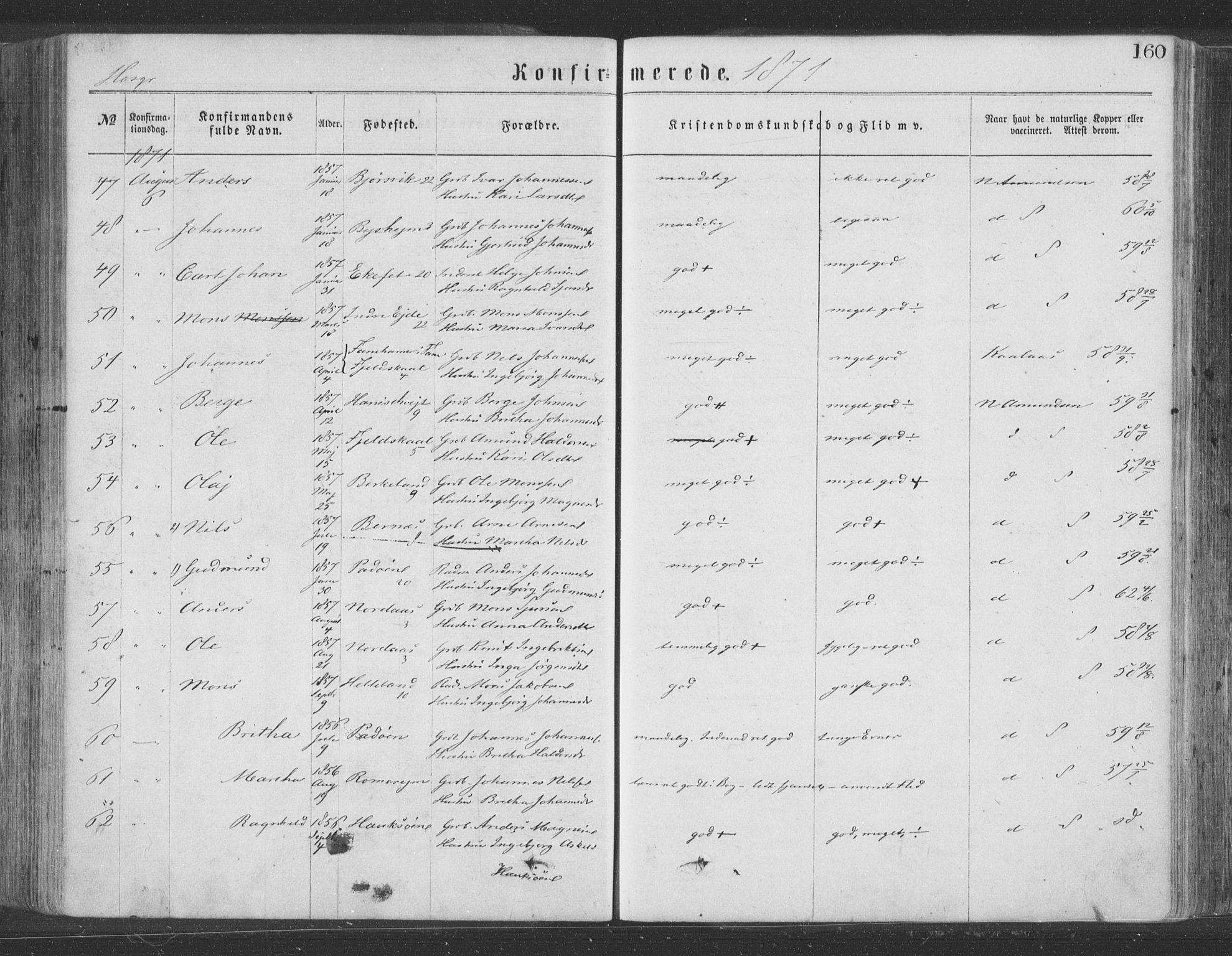 Hosanger sokneprestembete, AV/SAB-A-75801/H/Haa: Parish register (official) no. A 9, 1864-1876, p. 160