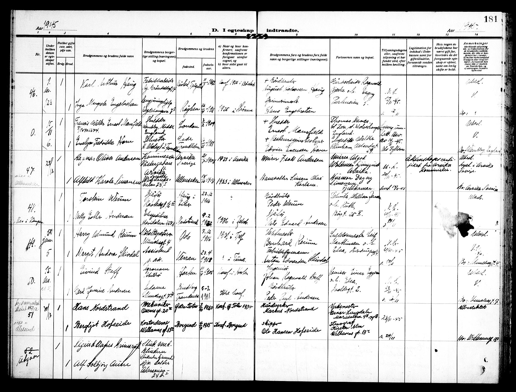 Trefoldighet prestekontor Kirkebøker, SAO/A-10882/H/Ha/L0005: Banns register no. 5, 1932-1952, p. 181