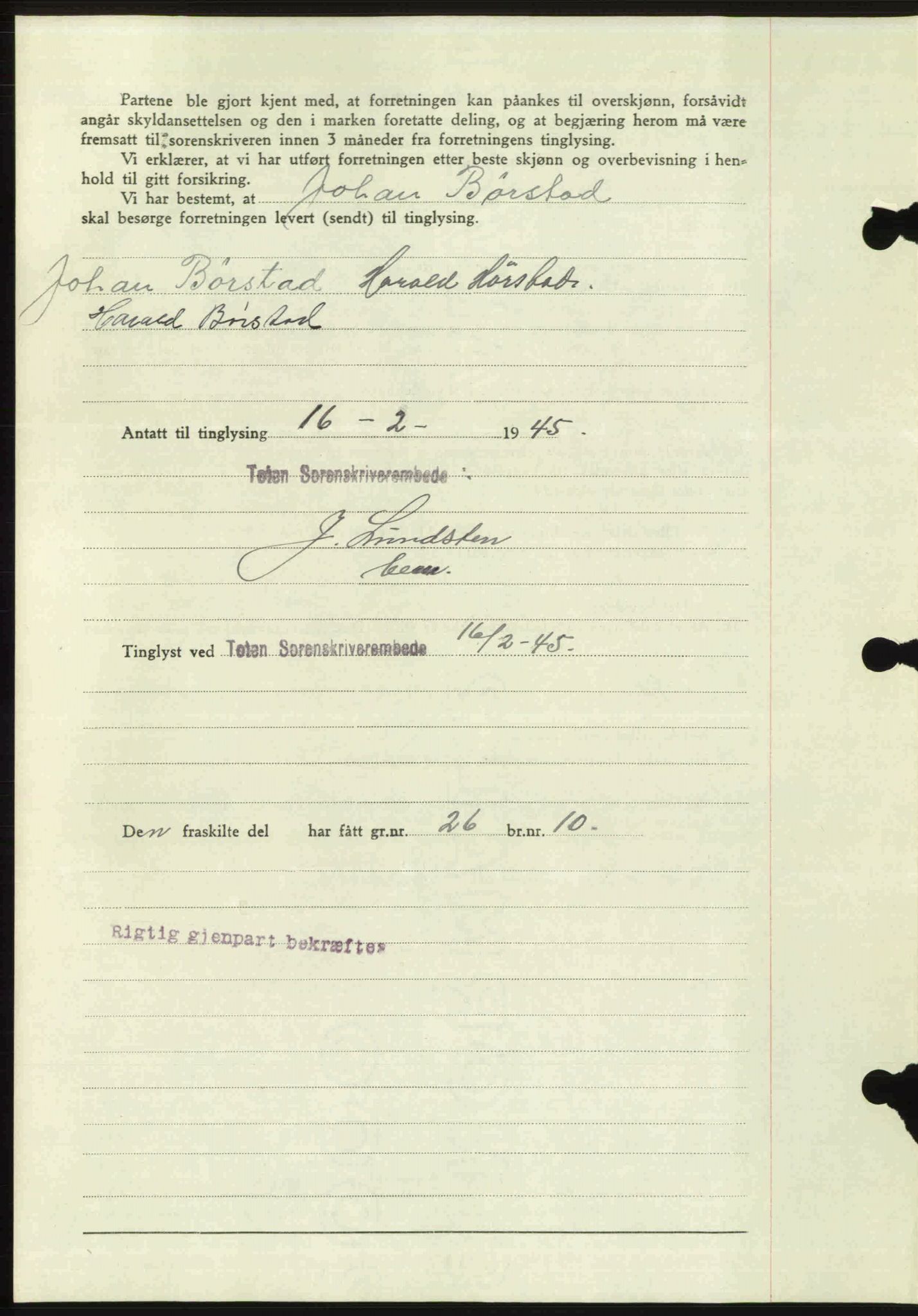 Toten tingrett, SAH/TING-006/H/Hb/Hbc/L0013: Mortgage book no. Hbc-13, 1945-1945, Diary no: : 245/1945