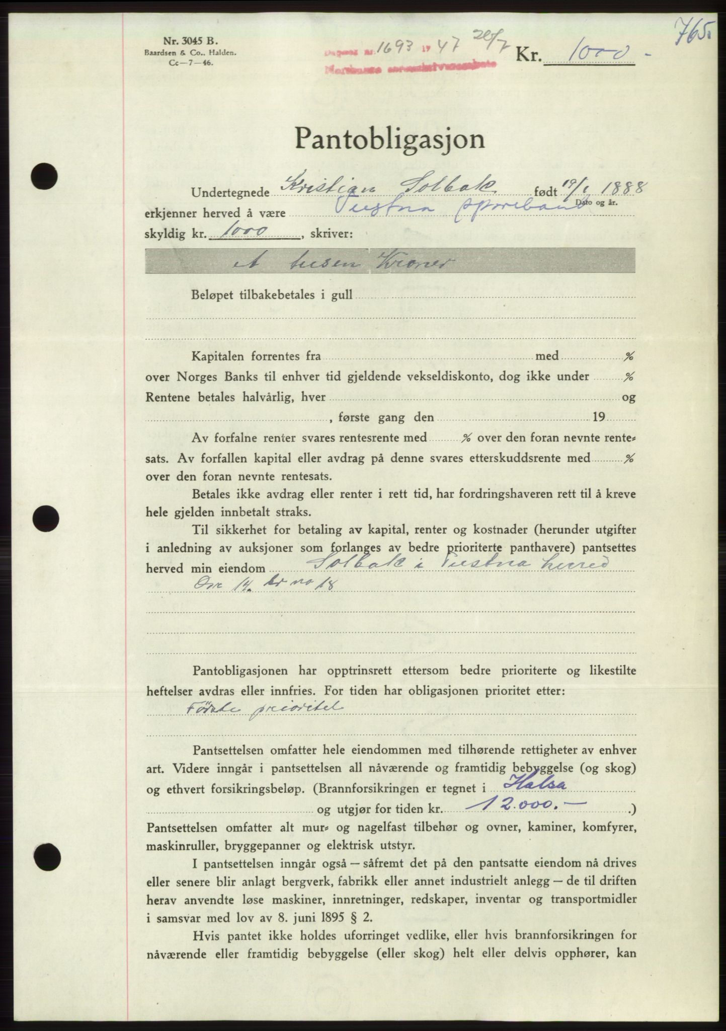 Nordmøre sorenskriveri, AV/SAT-A-4132/1/2/2Ca: Mortgage book no. B96, 1947-1947, Diary no: : 1693/1947