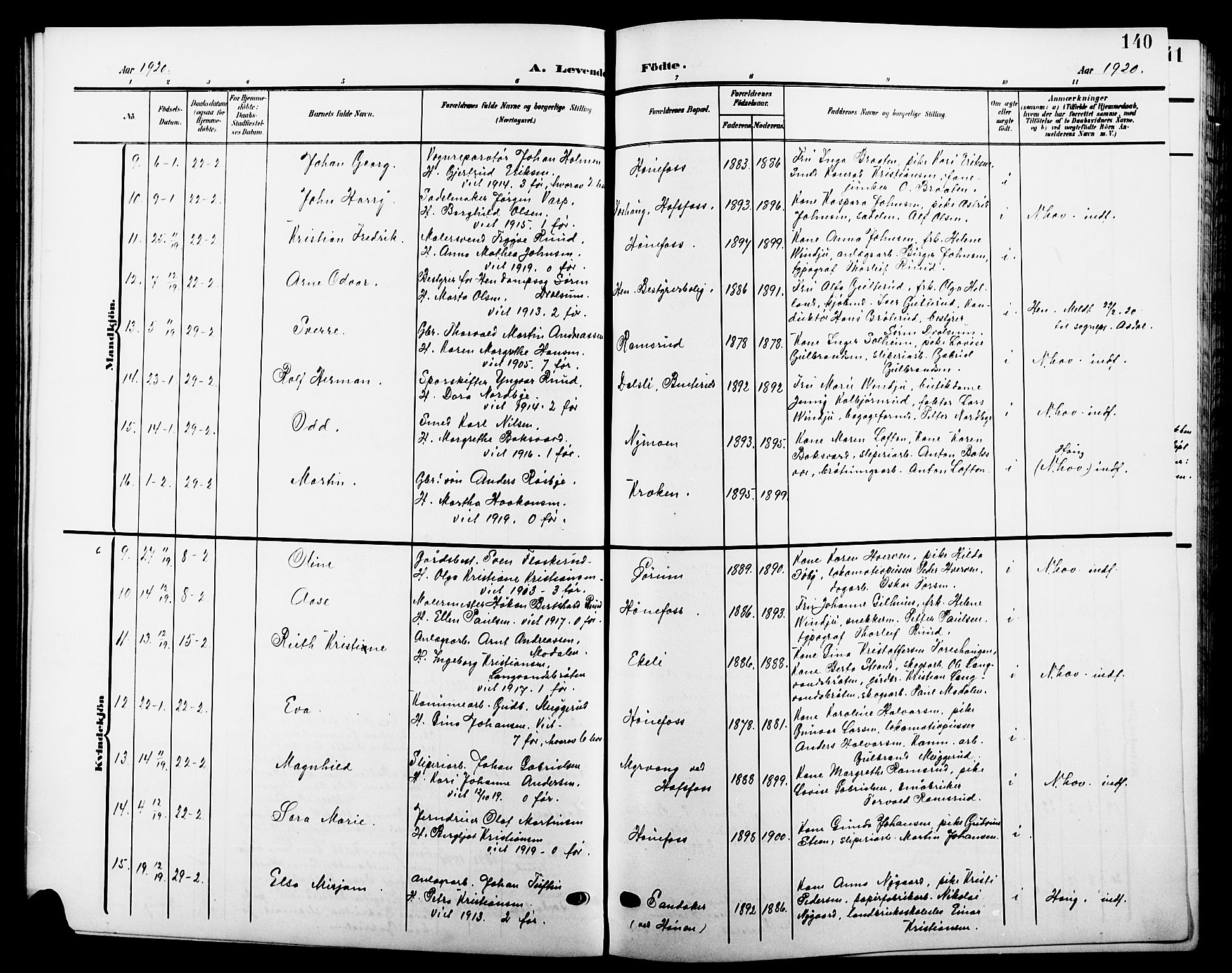 Hønefoss kirkebøker, AV/SAKO-A-609/G/Ga/L0003: Parish register (copy) no. 3, 1905-1925, p. 140