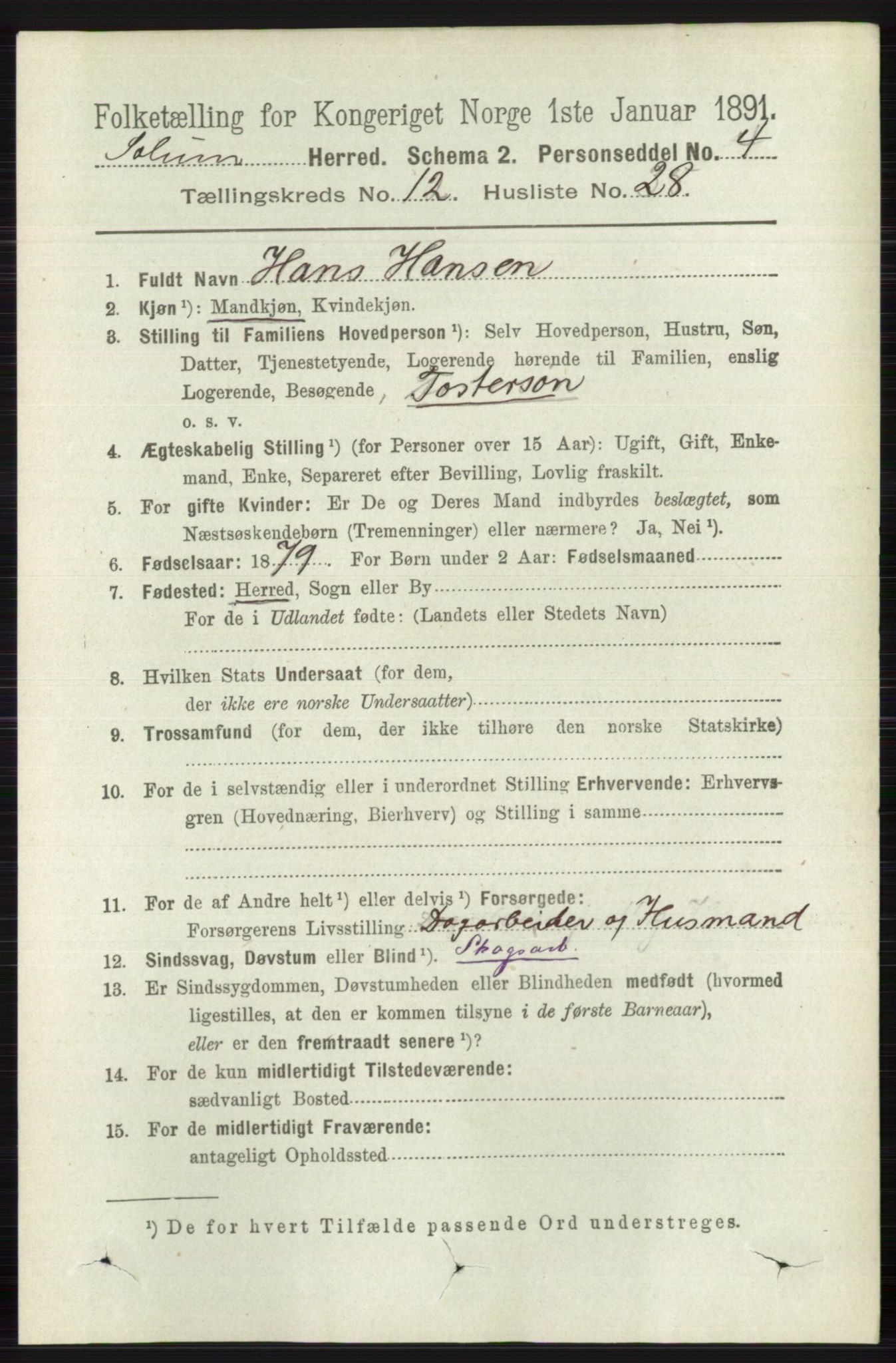 RA, 1891 census for 0818 Solum, 1891, p. 5748