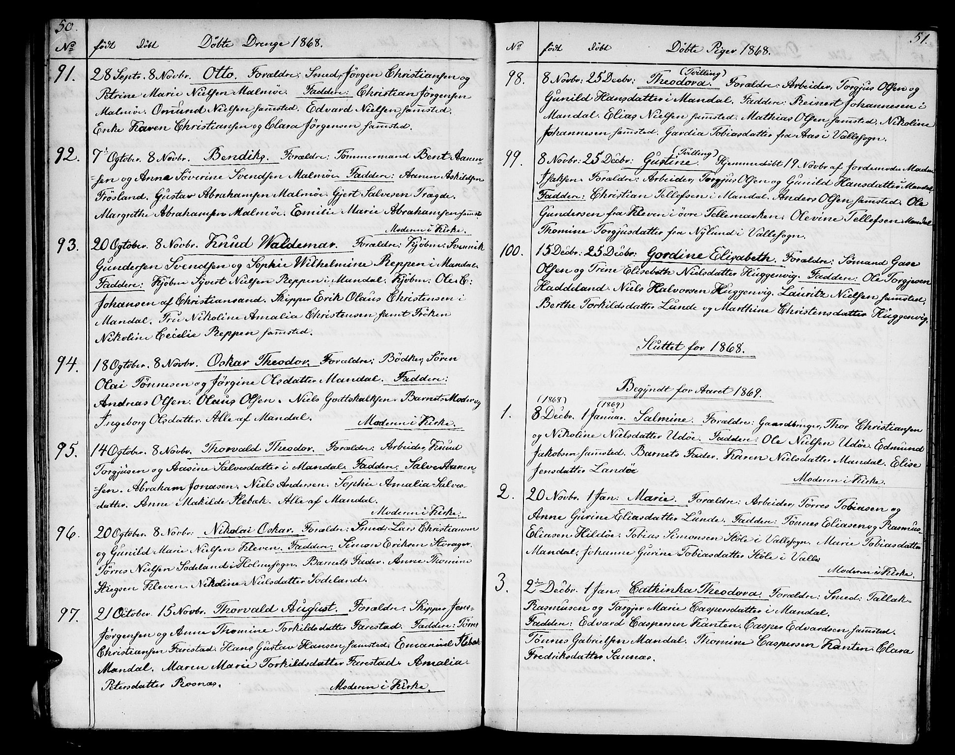Mandal sokneprestkontor, SAK/1111-0030/F/Fb/Fba/L0009: Parish register (copy) no. B 3, 1867-1877, p. 50-51