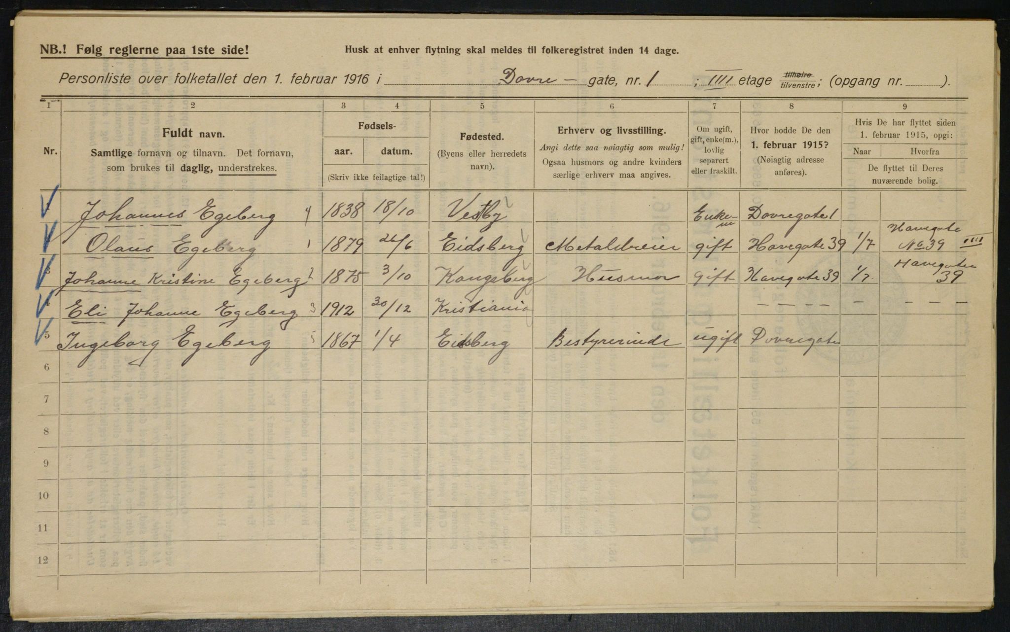 OBA, Municipal Census 1916 for Kristiania, 1916, p. 16095